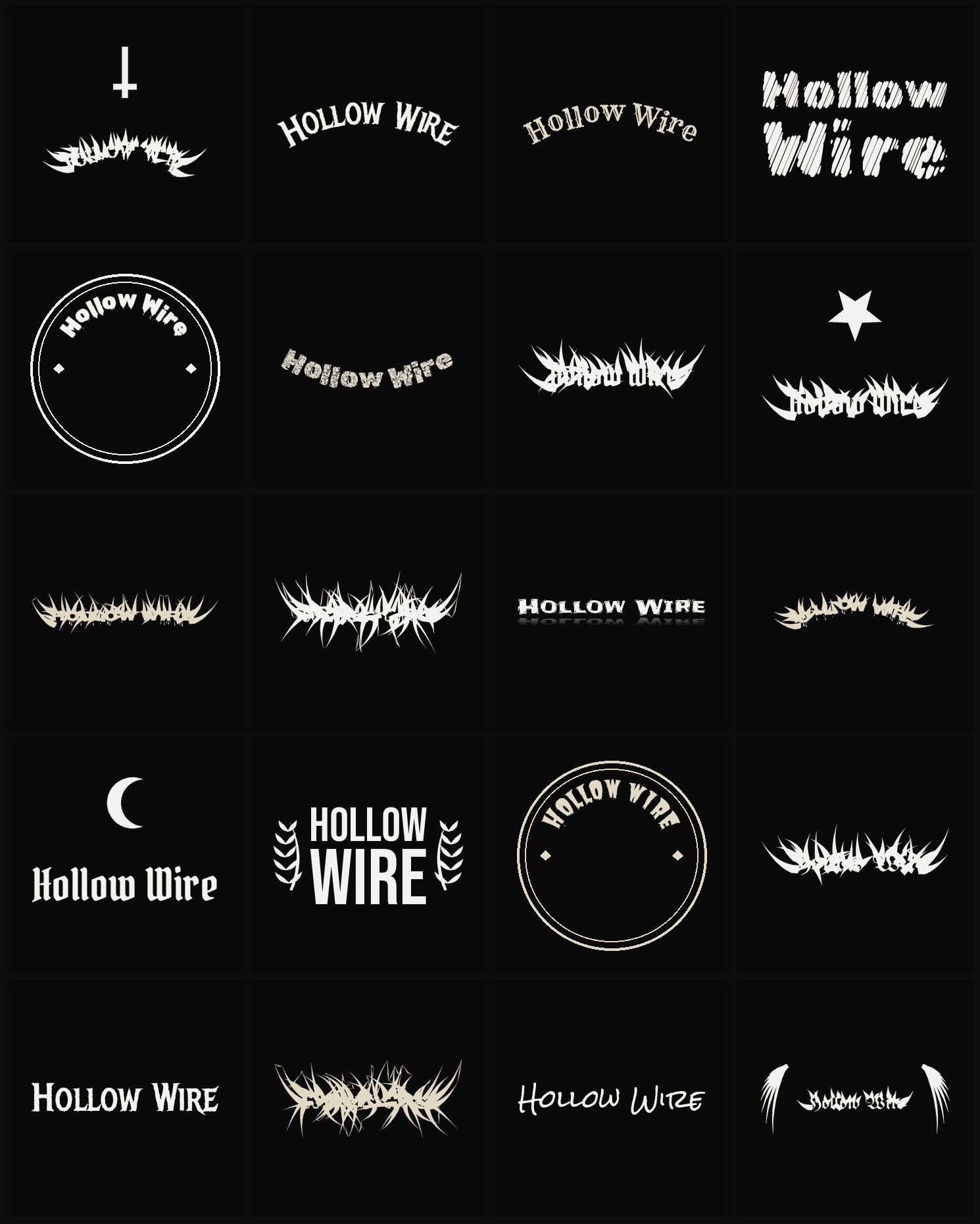 Twenty Hollow Wire band logo ideas — different faces, treatments and spike settings