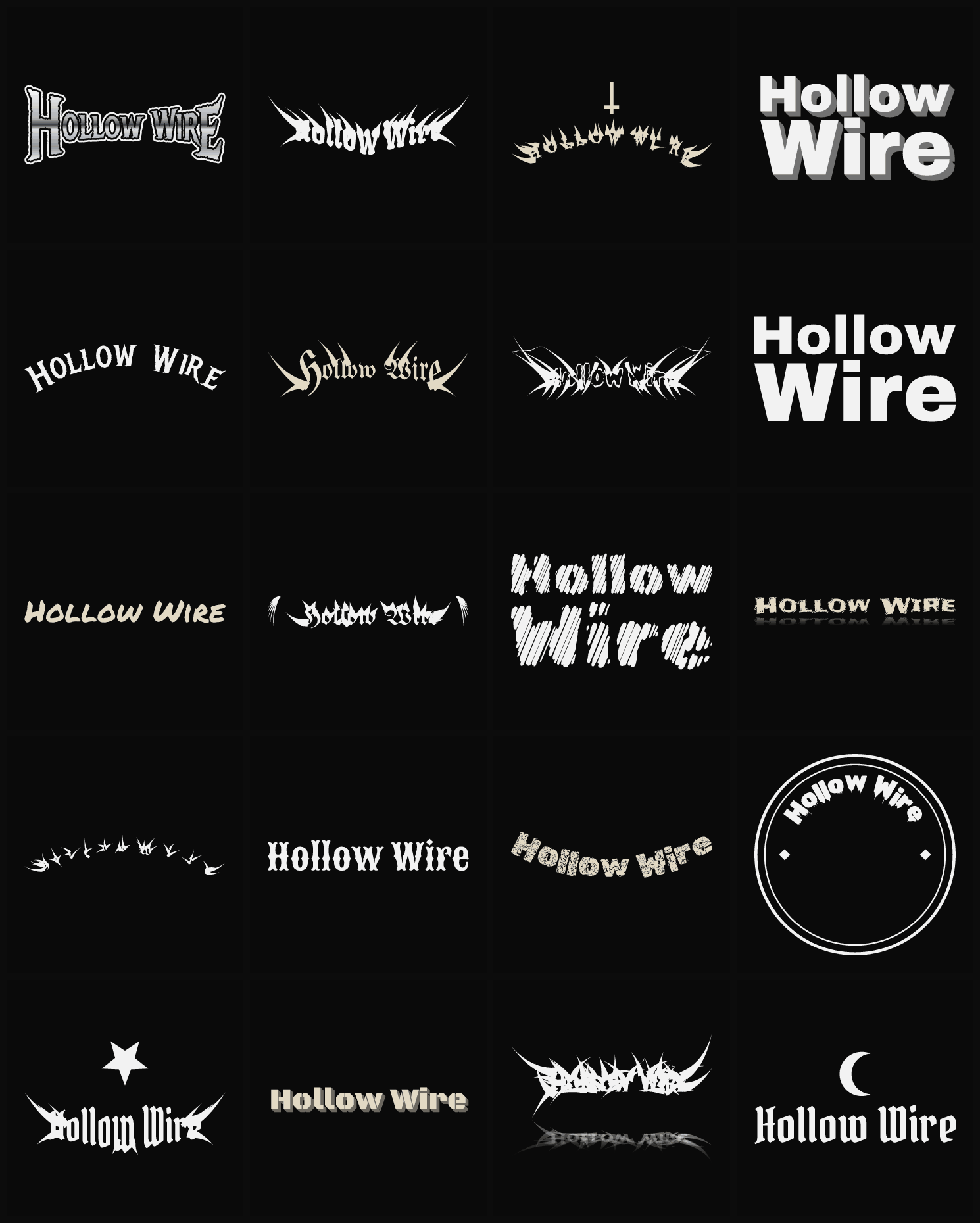 Twenty Hollow Wire band logo ideas — different faces, treatments and spike settings