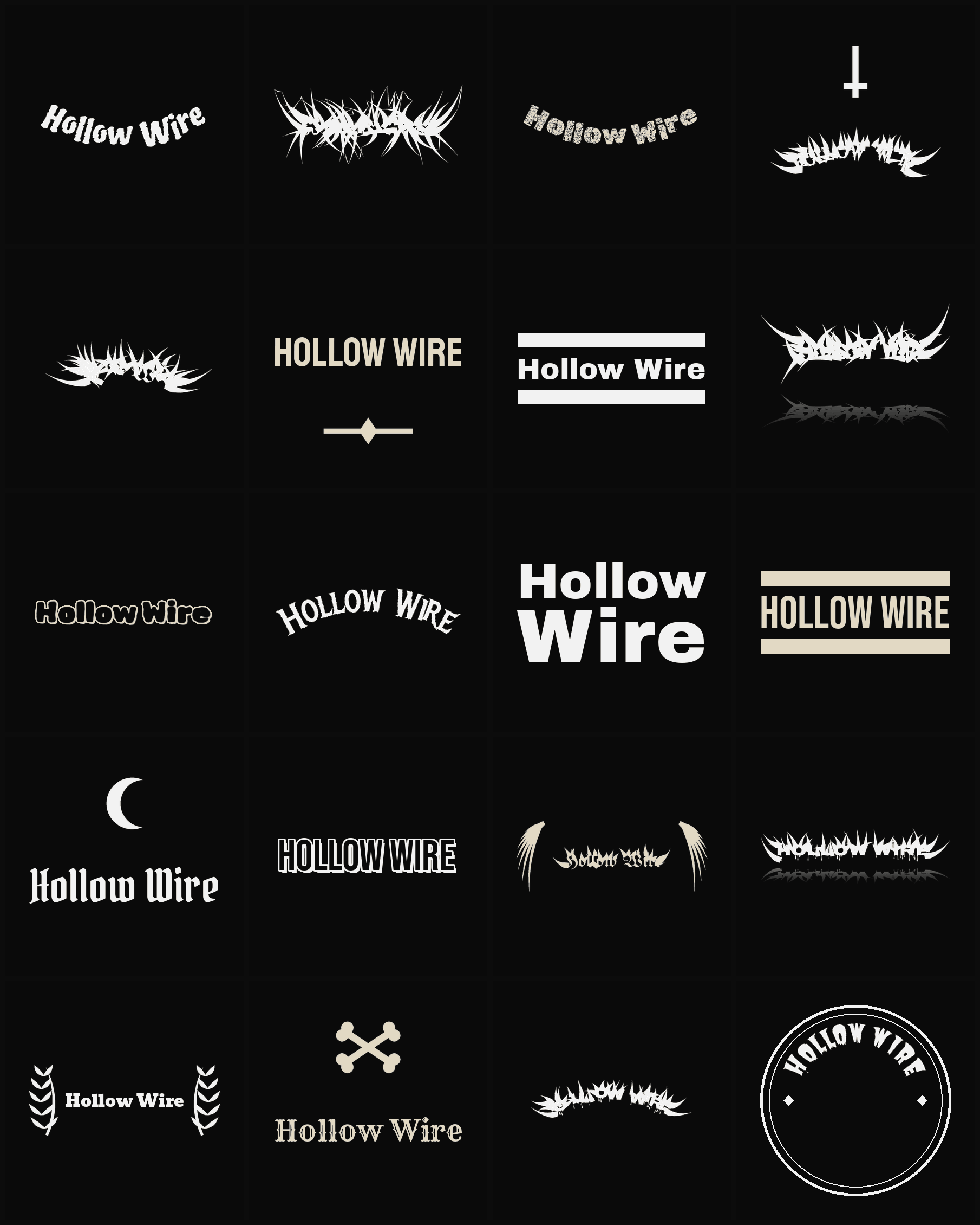 Twenty Hollow Wire band logo ideas — different faces, treatments and spike settings