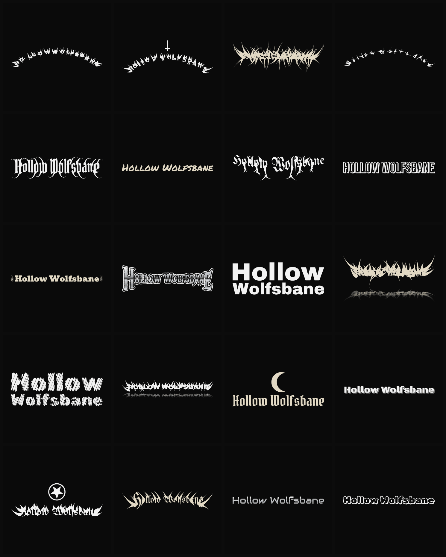 Twenty Hollow Wolfsbane band logo ideas — different faces, treatments and spike settings