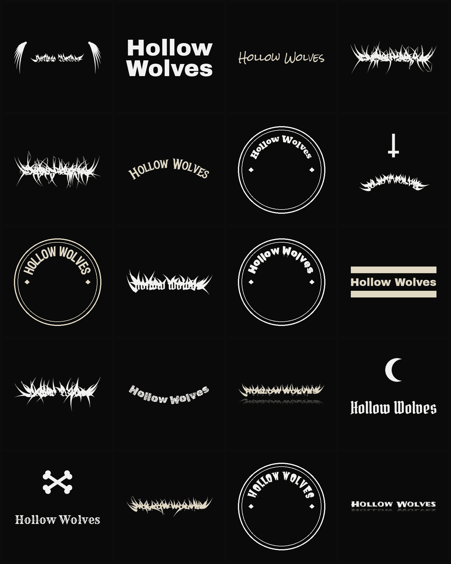 Twenty Hollow Wolves band logo ideas — different faces, treatments and spike settings