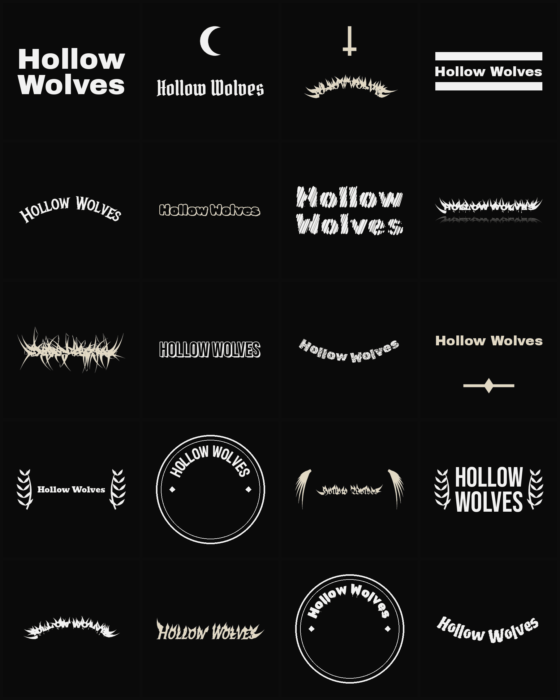 Twenty Hollow Wolves band logo ideas — different faces, treatments and spike settings
