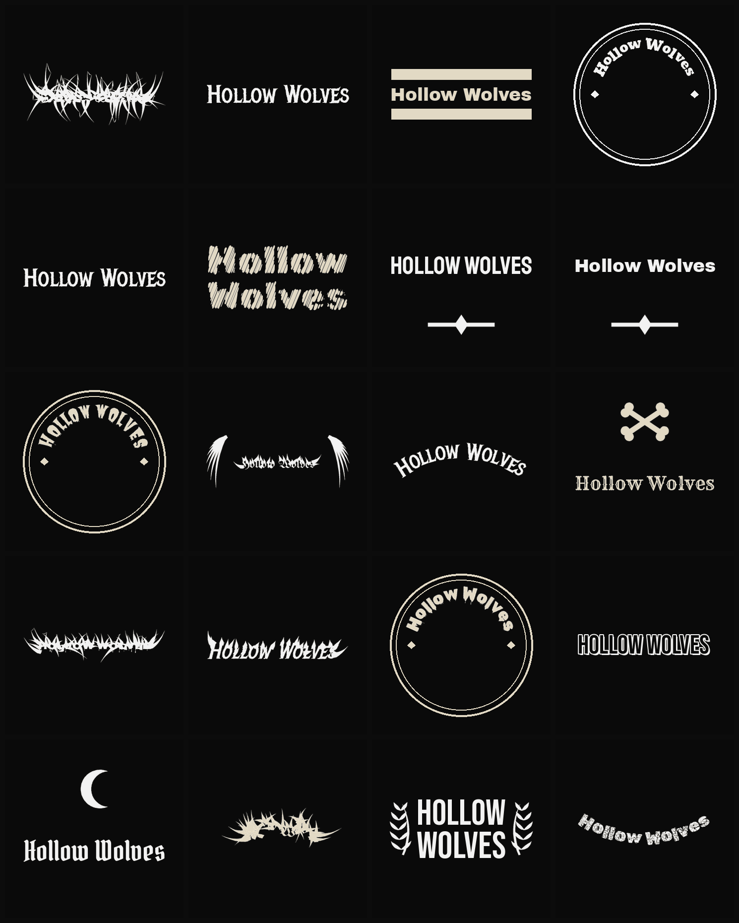 Twenty Hollow Wolves band logo ideas — different faces, treatments and spike settings