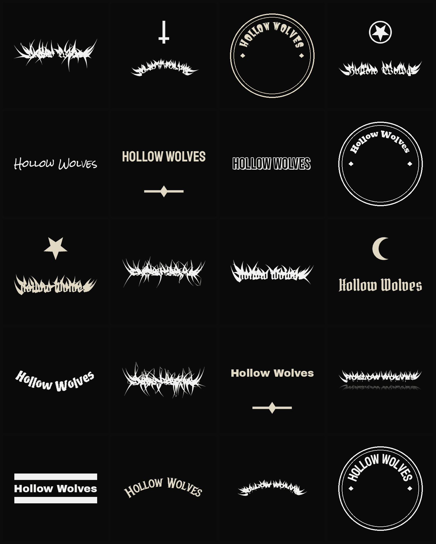 Twenty Hollow Wolves band logo ideas — different faces, treatments and spike settings