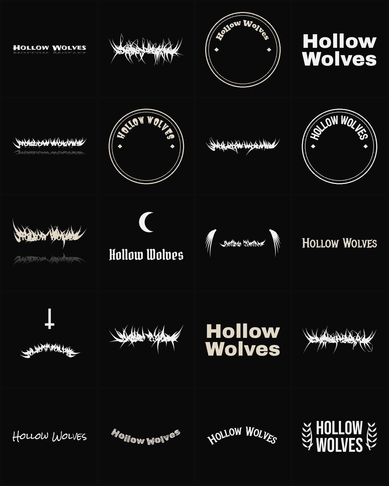 Twenty Hollow Wolves band logo ideas — different faces, treatments and spike settings