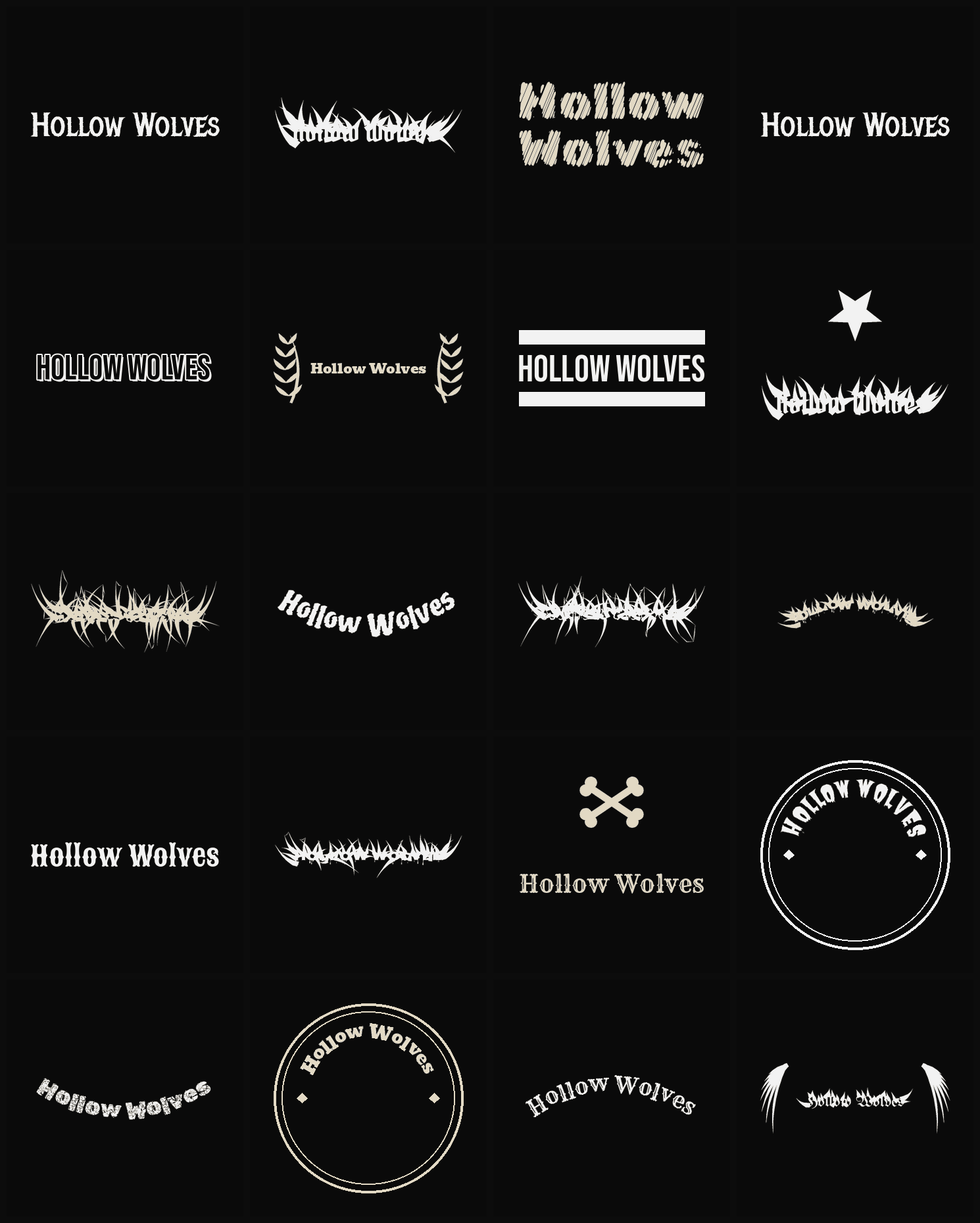 Twenty Hollow Wolves band logo ideas — different faces, treatments and spike settings