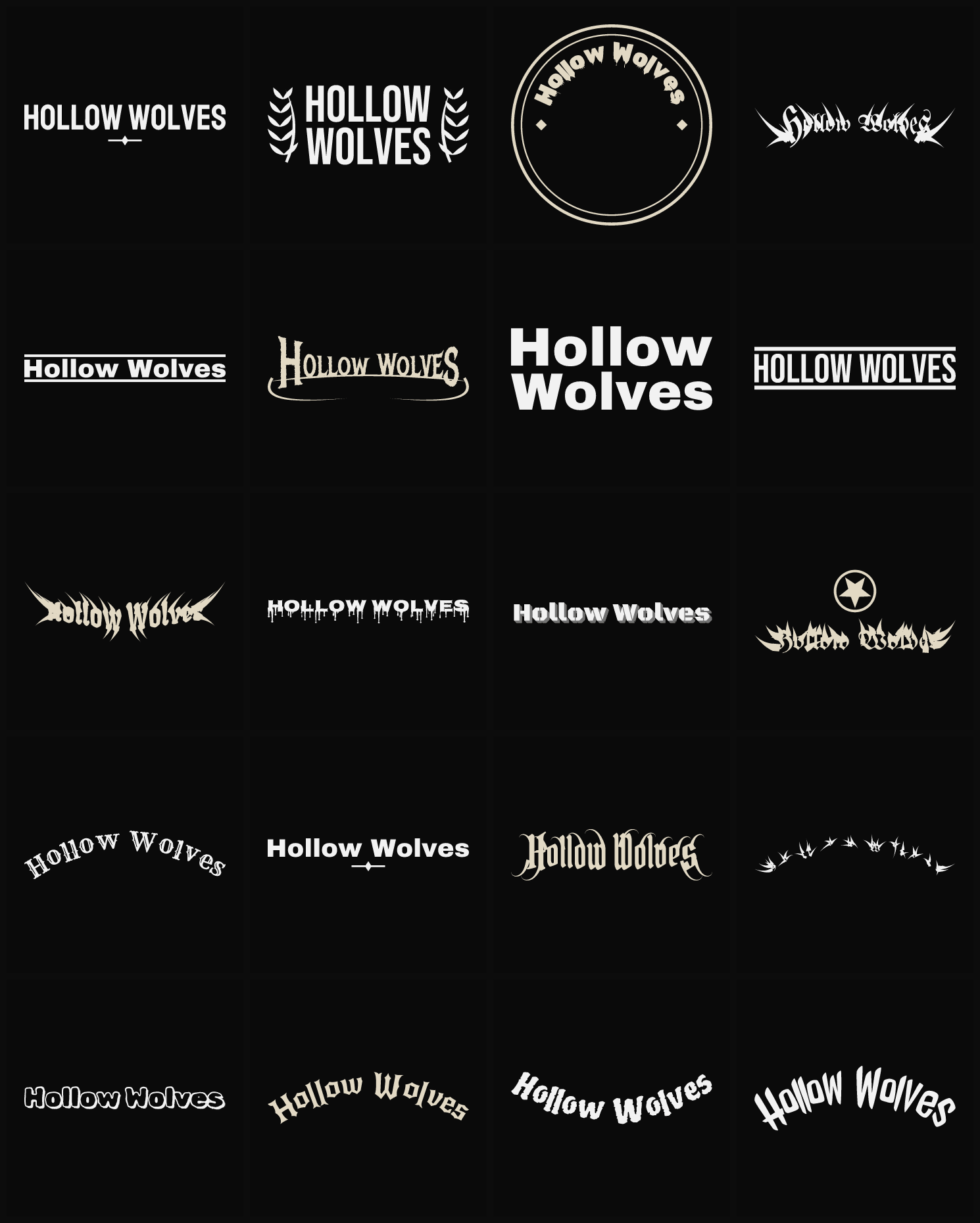 Twenty Hollow Wolves band logo ideas — different faces, treatments and spike settings