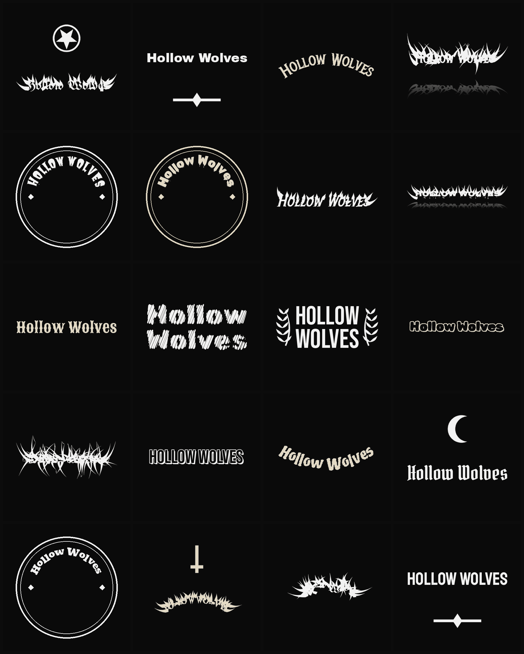 Twenty Hollow Wolves band logo ideas — different faces, treatments and spike settings