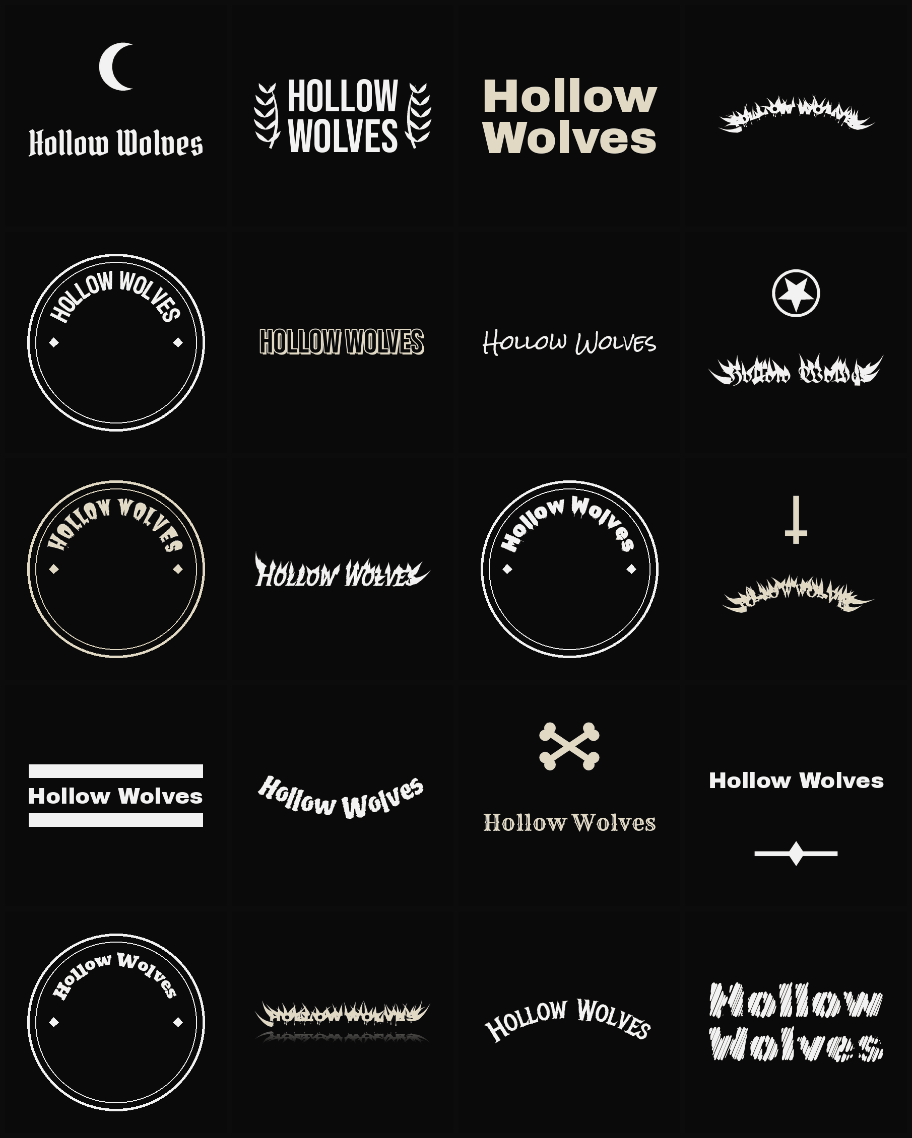 Twenty Hollow Wolves band logo ideas — different faces, treatments and spike settings