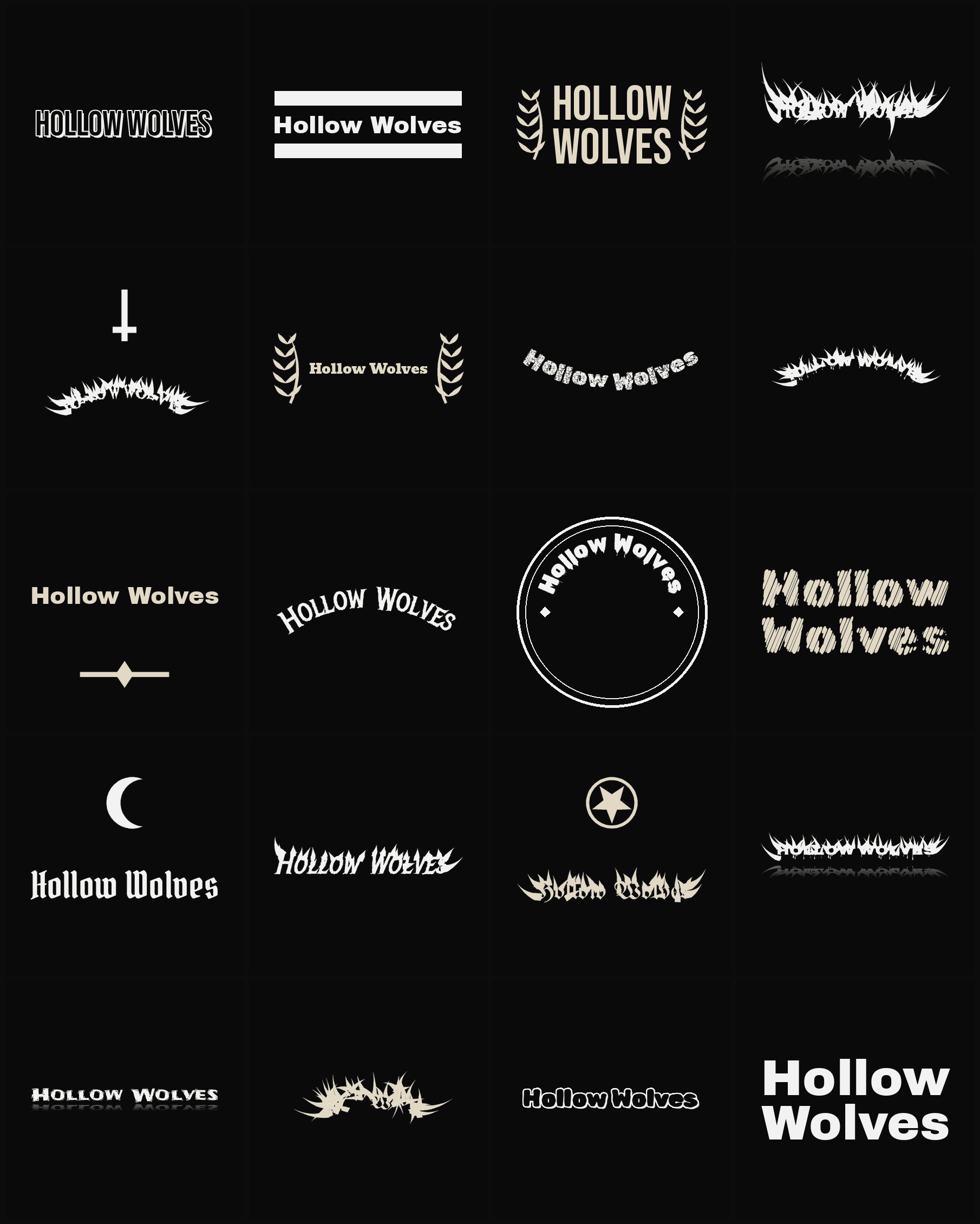 Twenty Hollow Wolves band logo ideas — different faces, treatments and spike settings