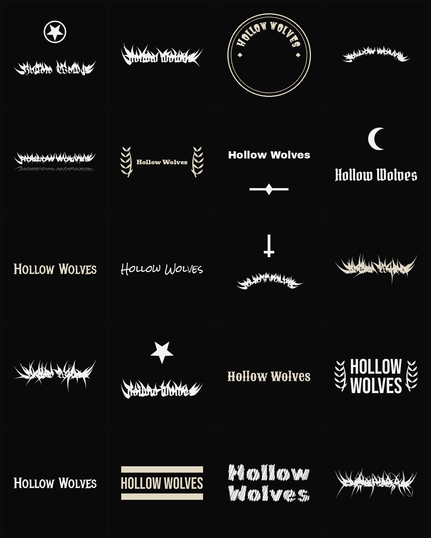 Twenty Hollow Wolves band logo ideas — different faces, treatments and spike settings