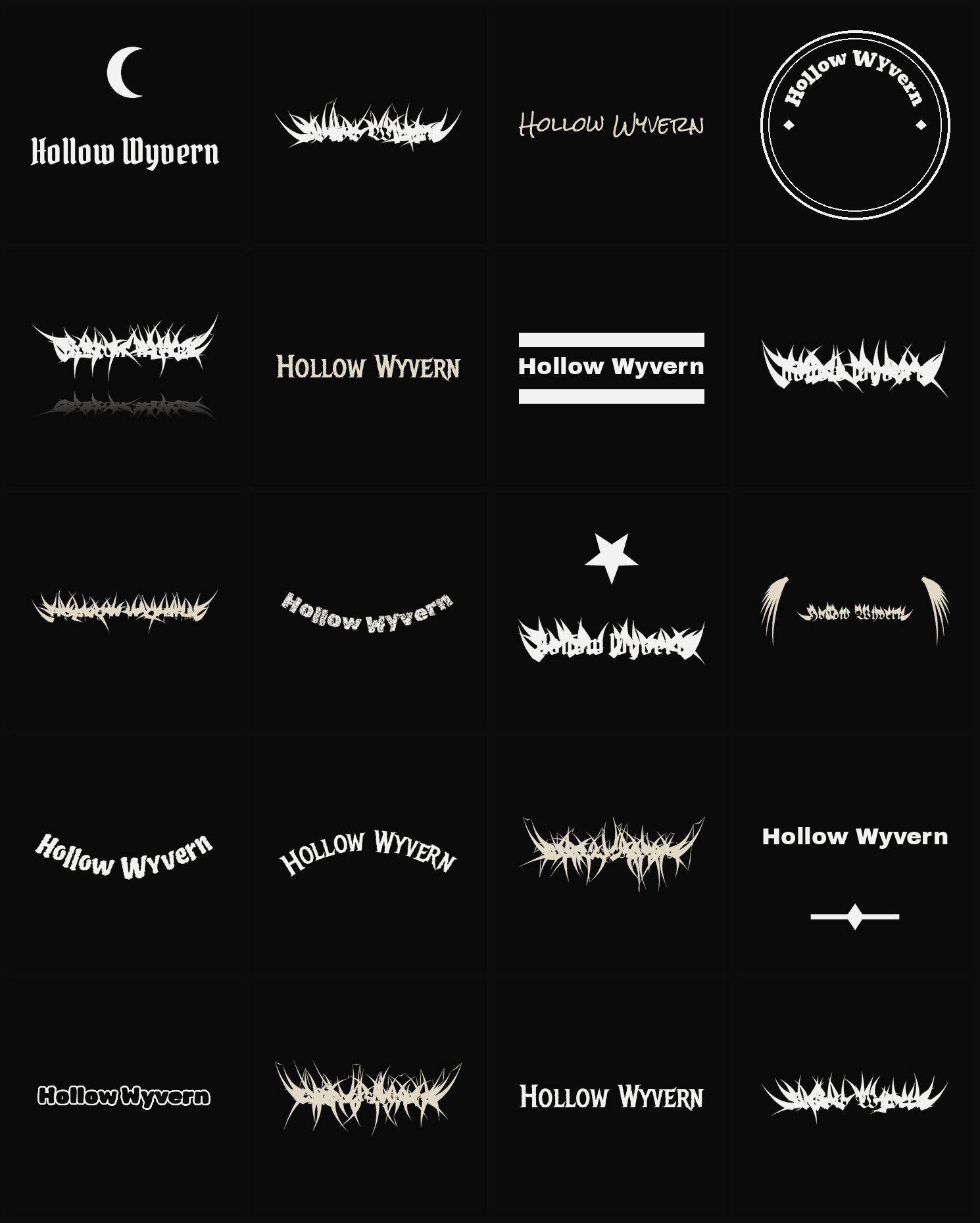 Twenty Hollow Wyvern band logo ideas — different faces, treatments and spike settings