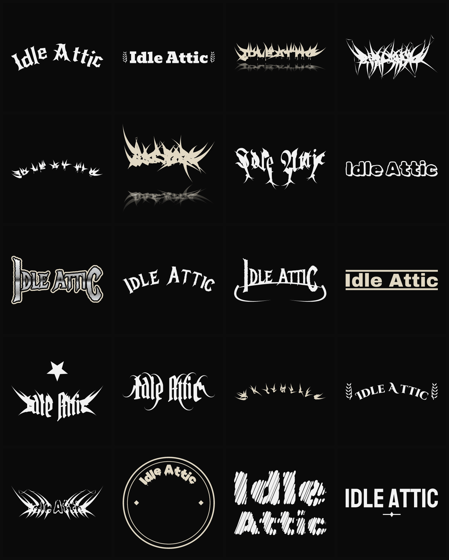 Twenty Idle Attic band logo ideas — different faces, treatments and spike settings