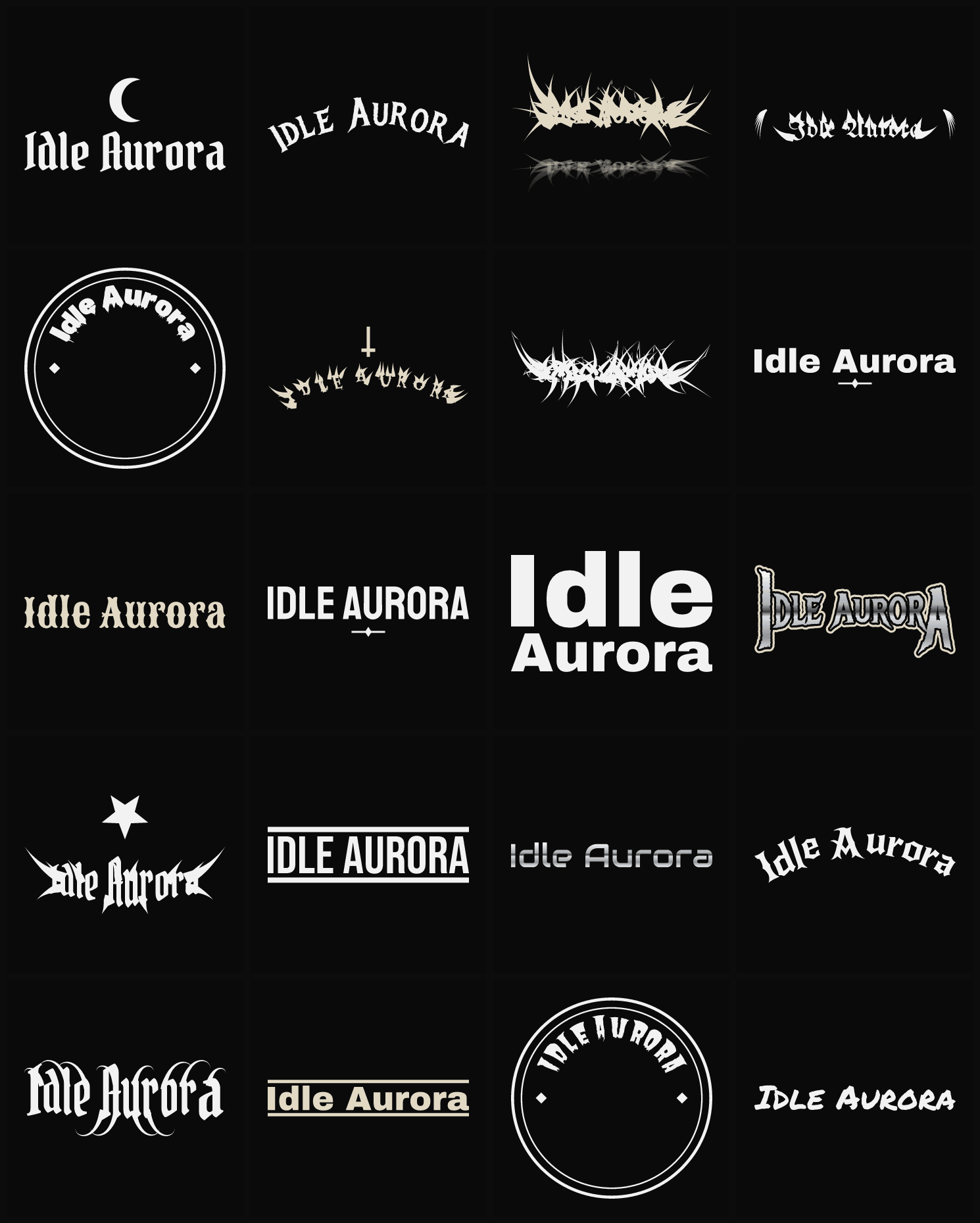 Twenty Idle Aurora band logo ideas — different faces, treatments and spike settings