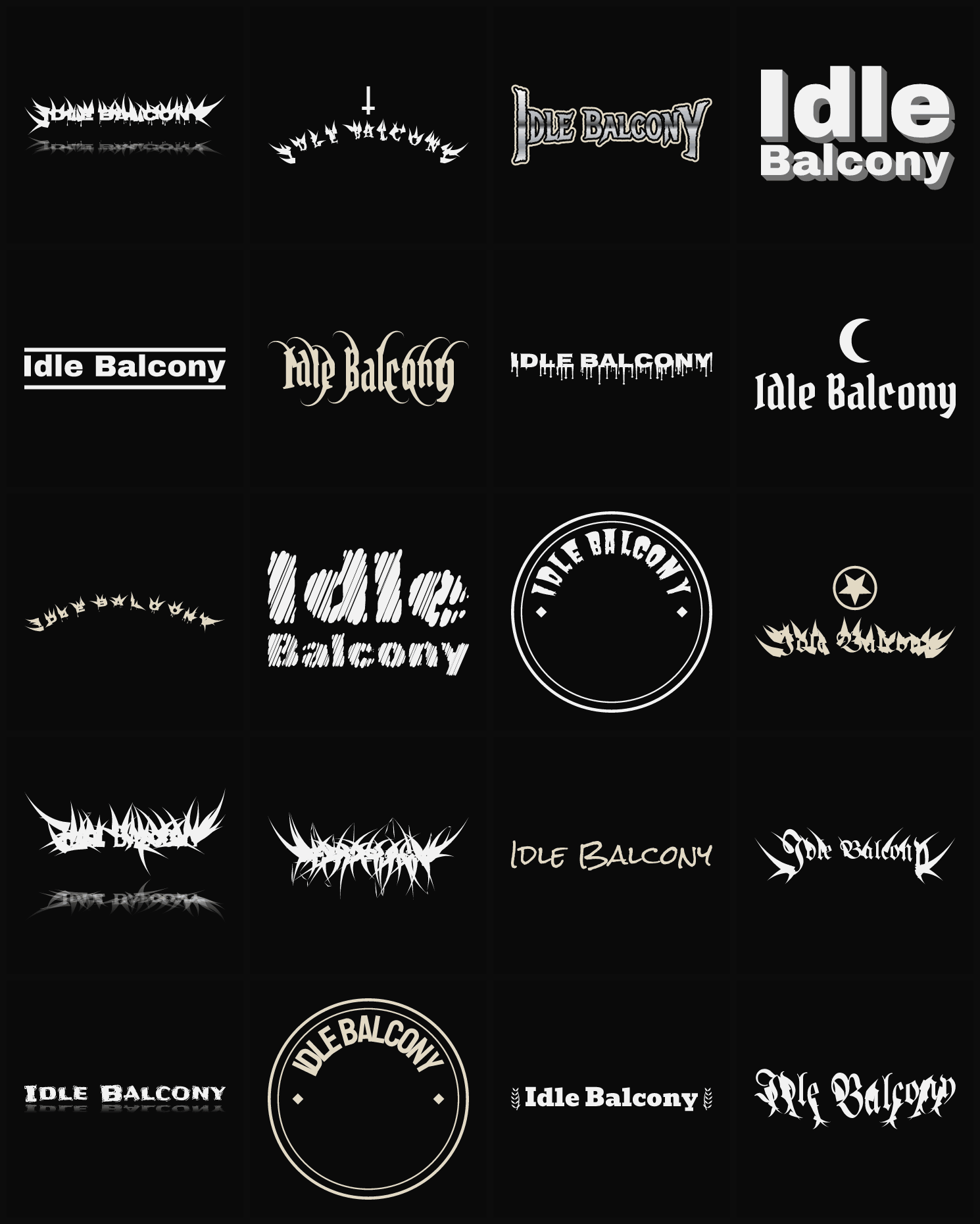 Twenty Idle Balcony band logo ideas — different faces, treatments and spike settings