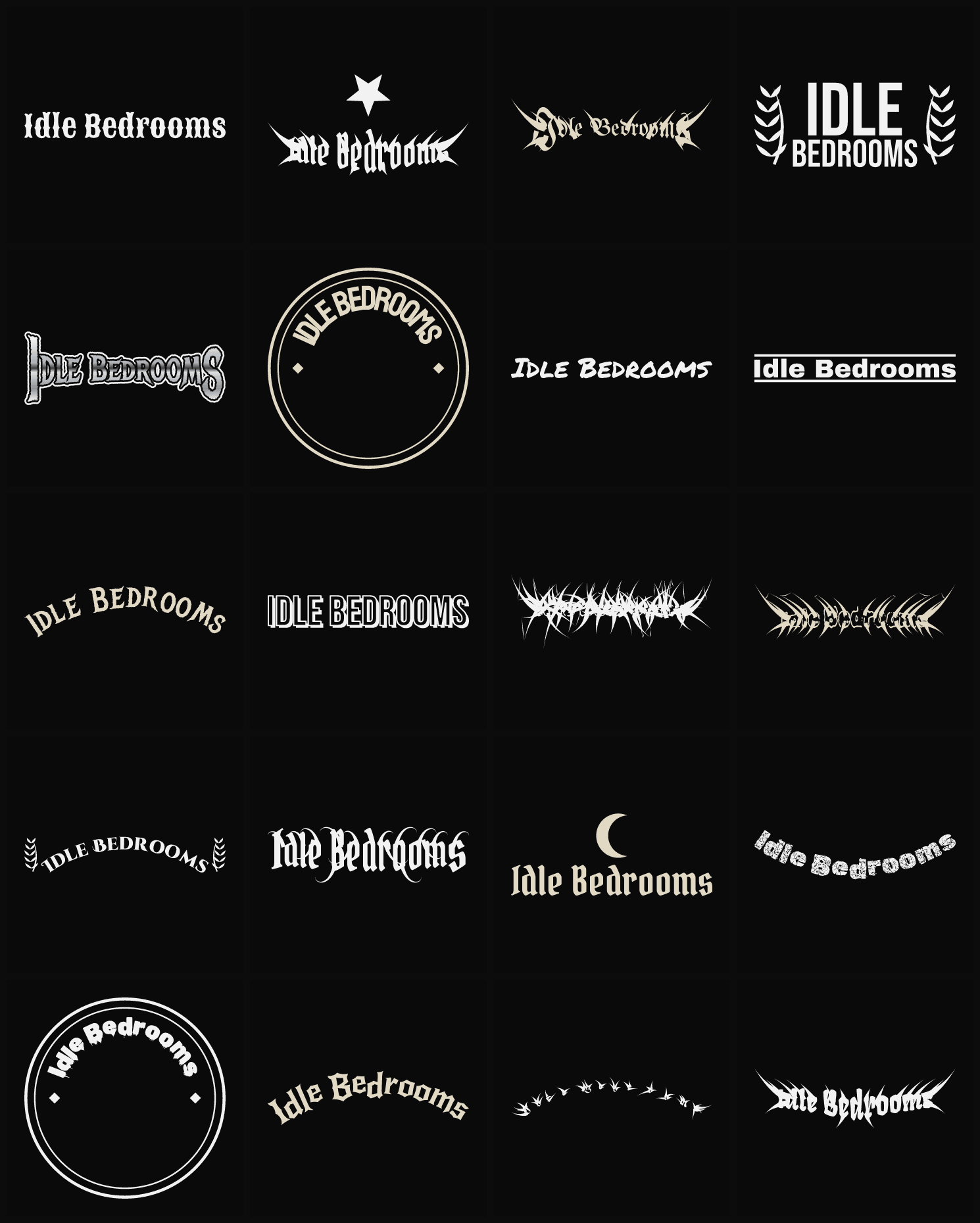 Twenty Idle Bedrooms band logo ideas — different faces, treatments and spike settings
