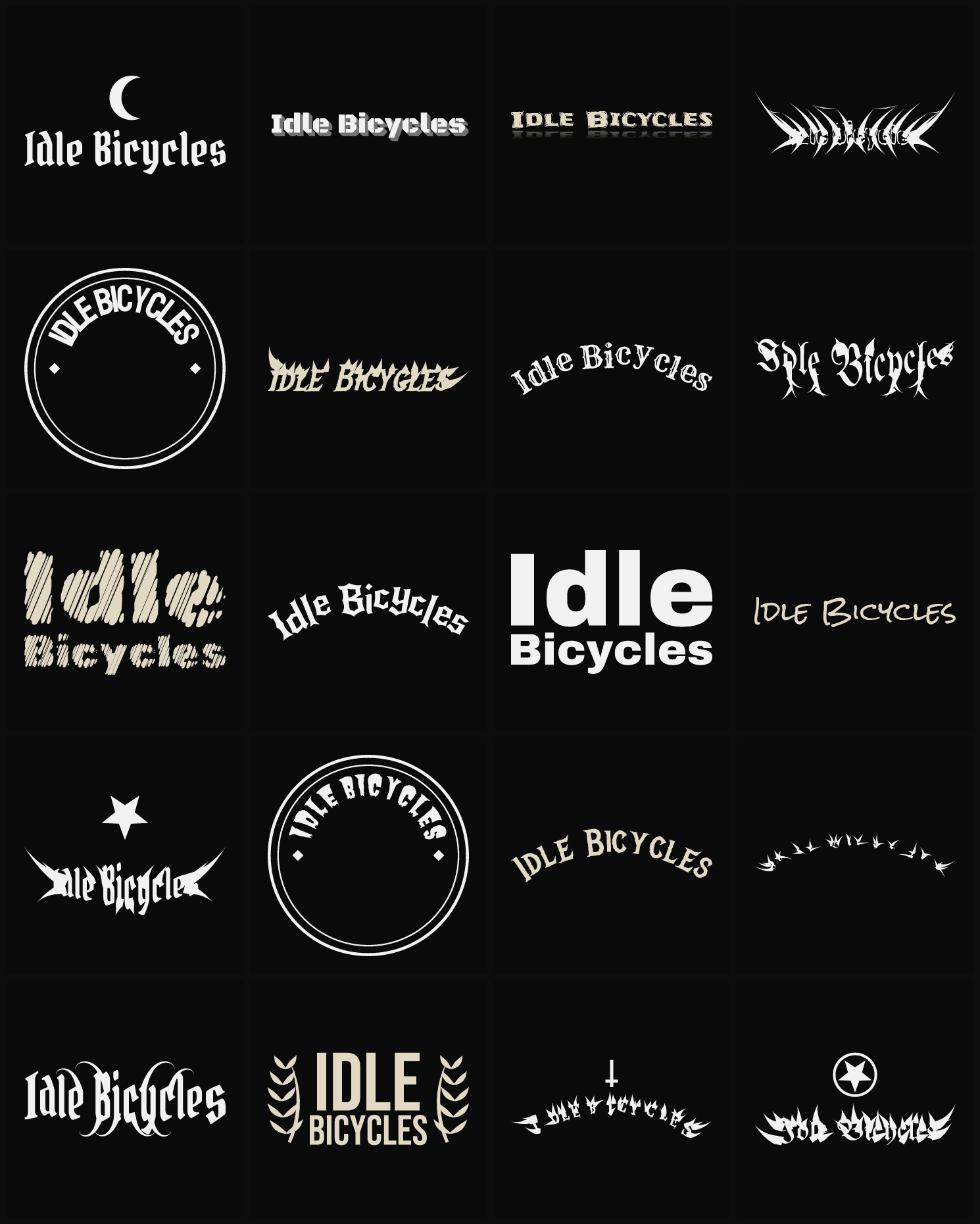 Twenty Idle Bicycles band logo ideas — different faces, treatments and spike settings