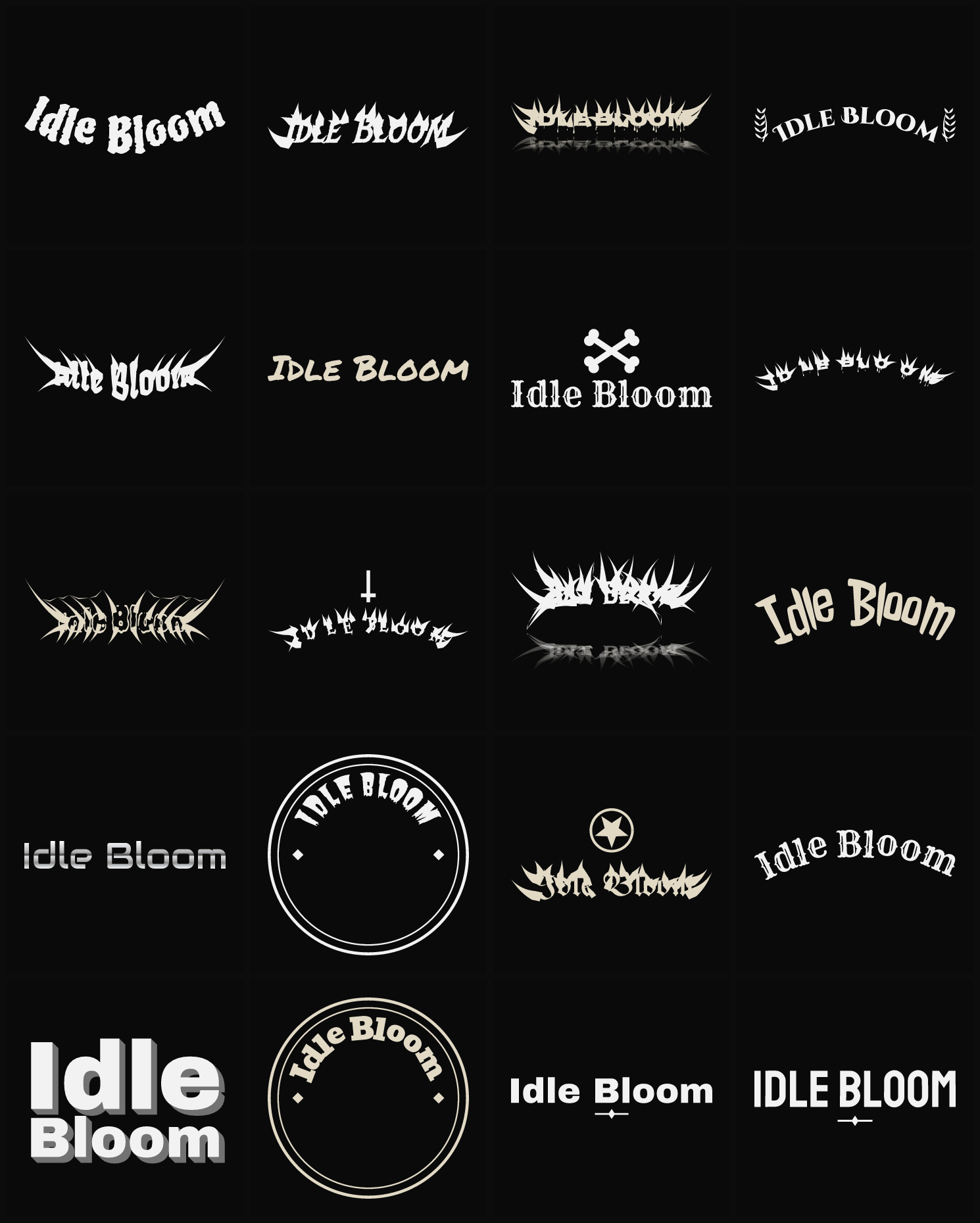 Twenty Idle Bloom band logo ideas — different faces, treatments and spike settings