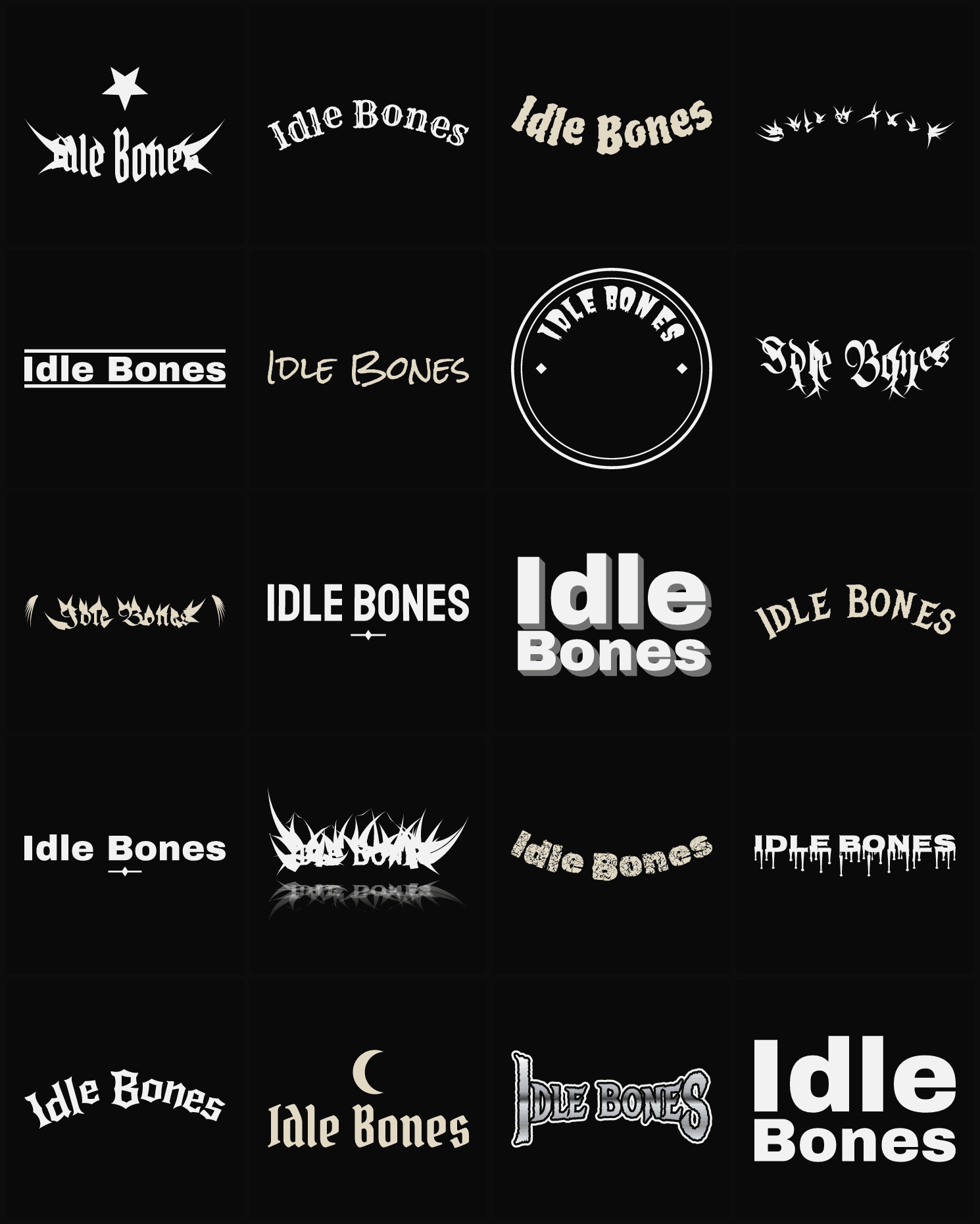 Twenty Idle Bones band logo ideas — different faces, treatments and spike settings
