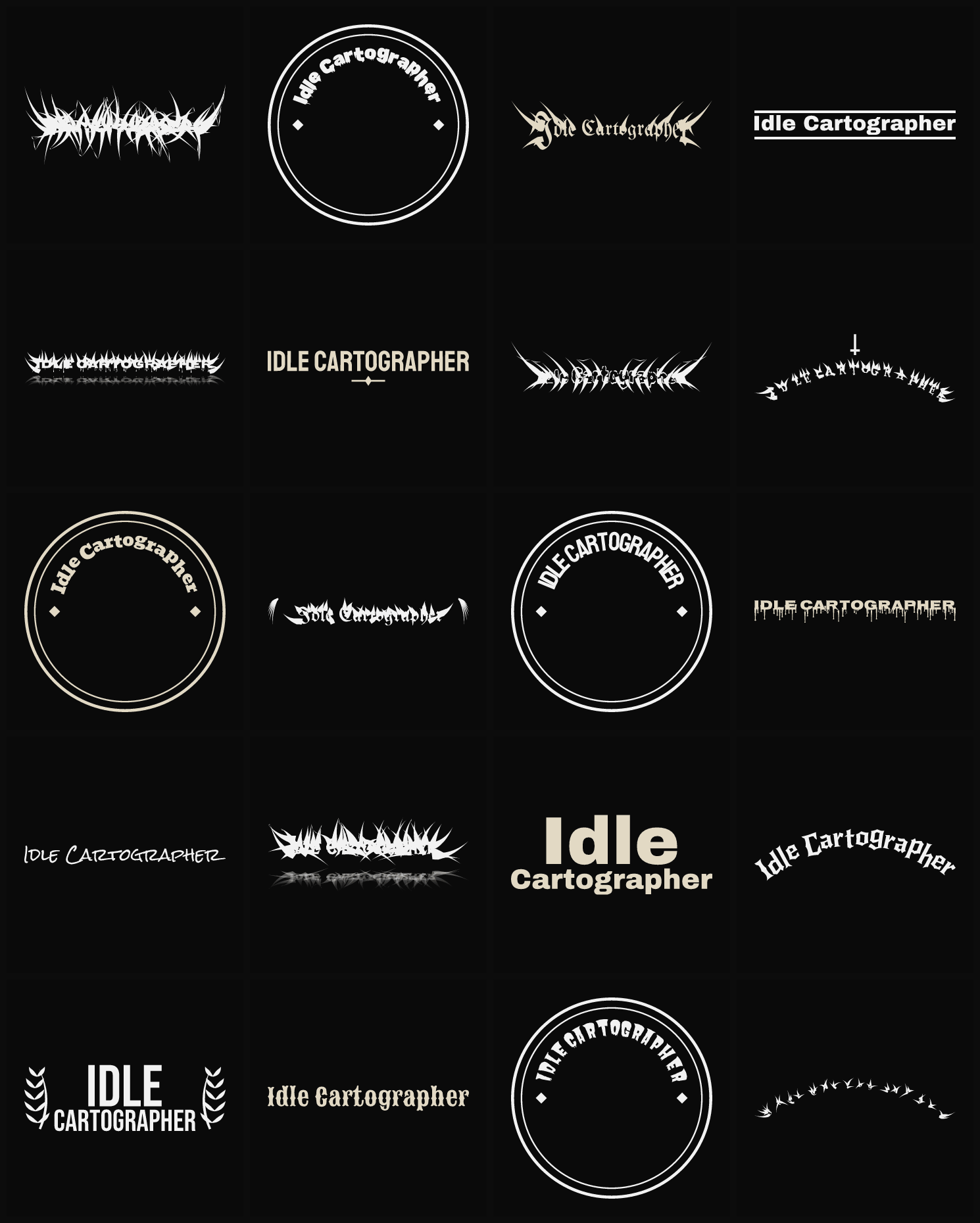 Twenty Idle Cartographer band logo ideas — different faces, treatments and spike settings
