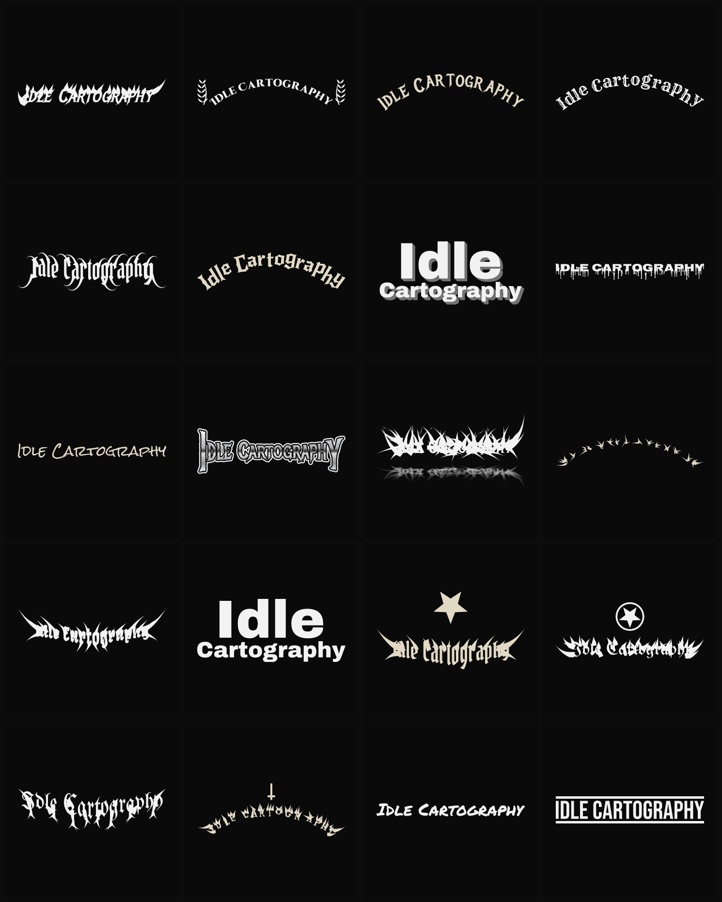 Twenty Idle Cartography band logo ideas — different faces, treatments and spike settings