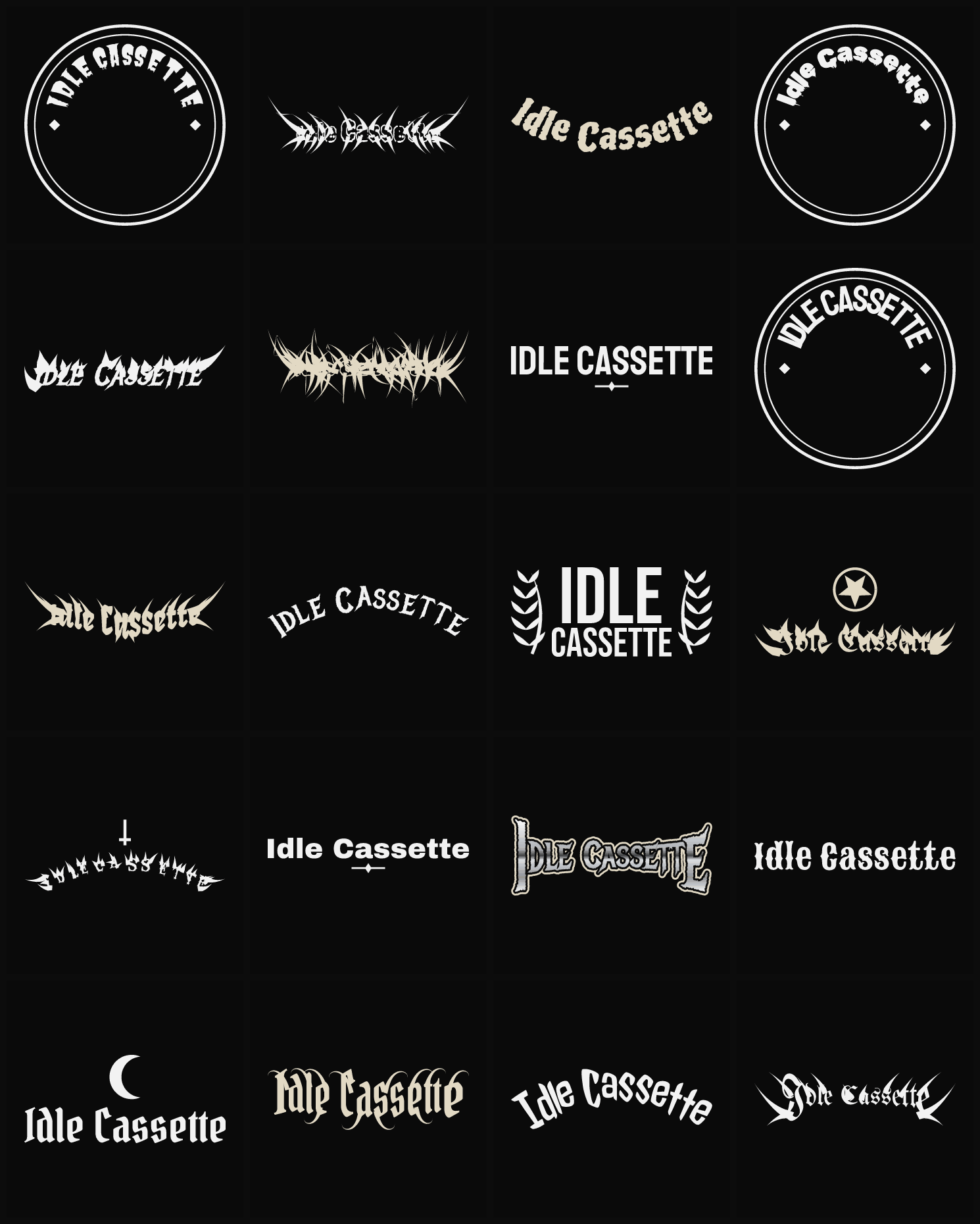 Twenty Idle Cassette band logo ideas — different faces, treatments and spike settings