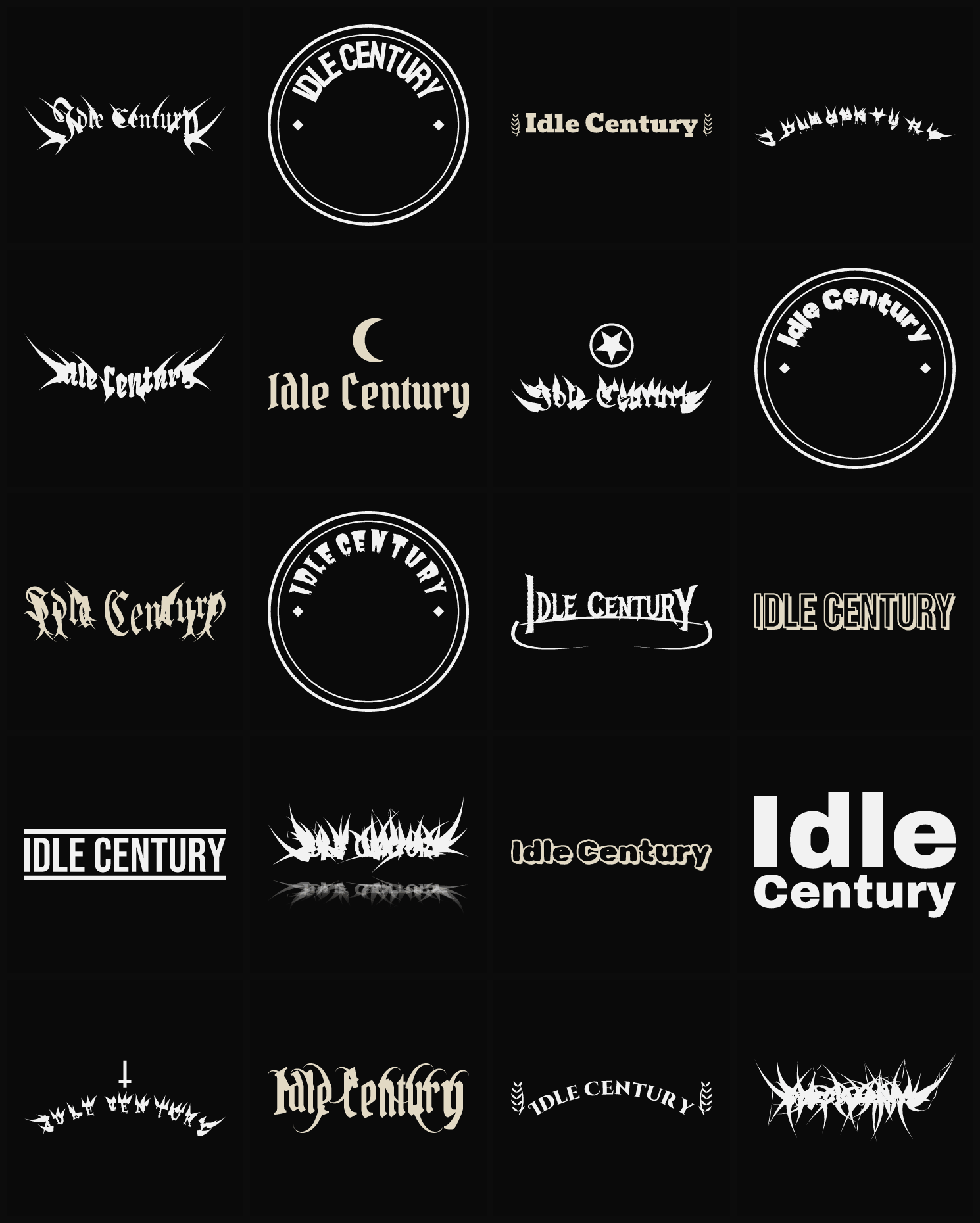 Twenty Idle Century band logo ideas — different faces, treatments and spike settings