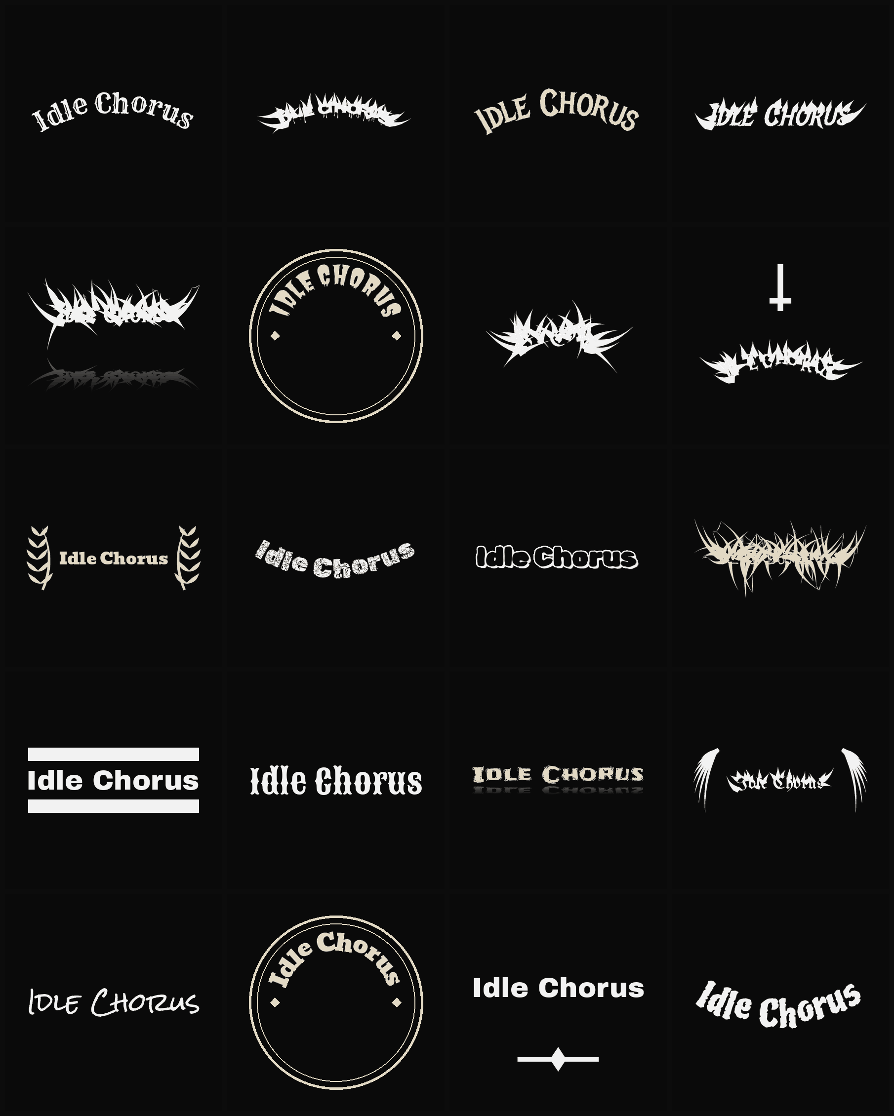 Twenty Idle Chorus band logo ideas — different faces, treatments and spike settings