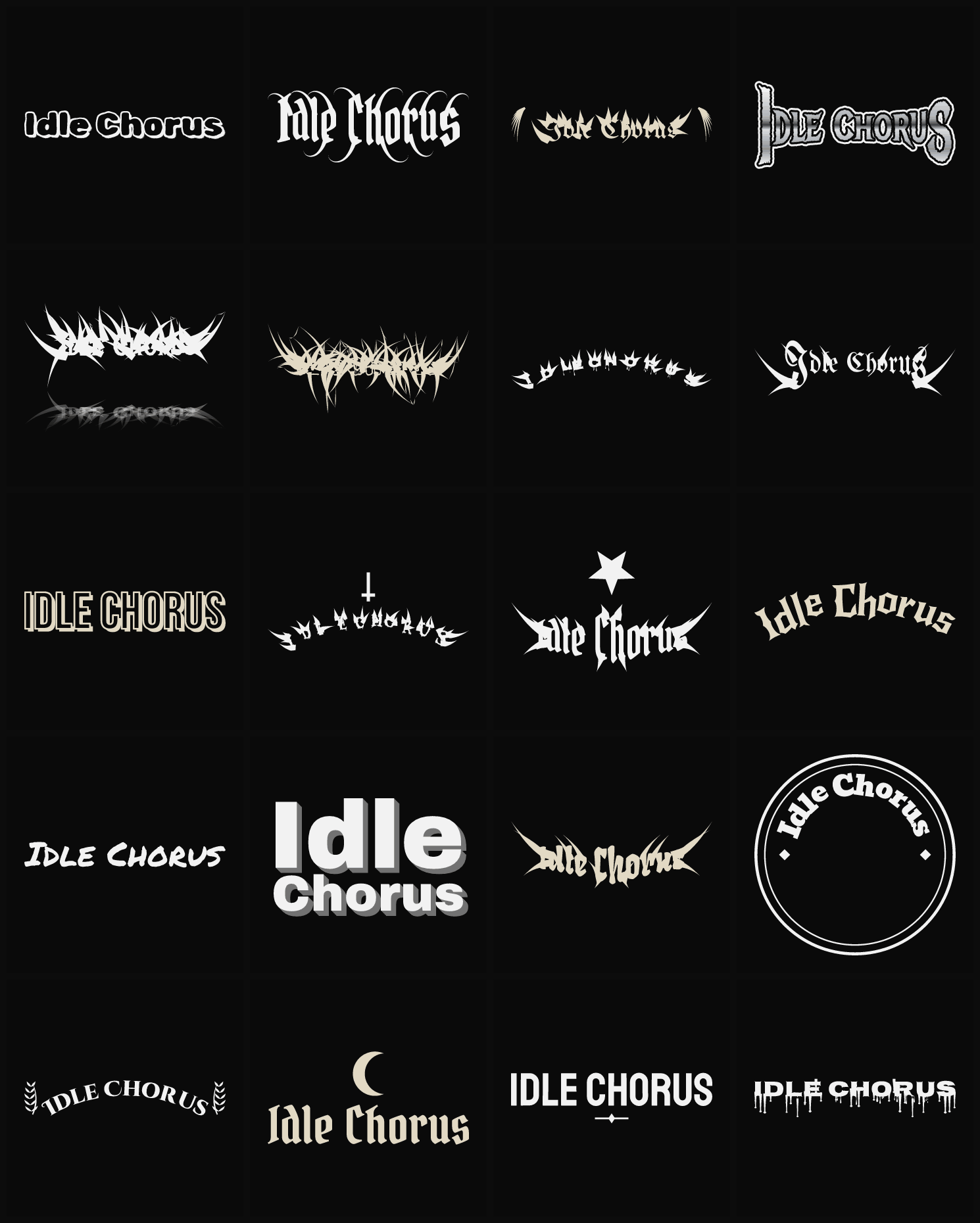 Twenty Idle Chorus band logo ideas — different faces, treatments and spike settings