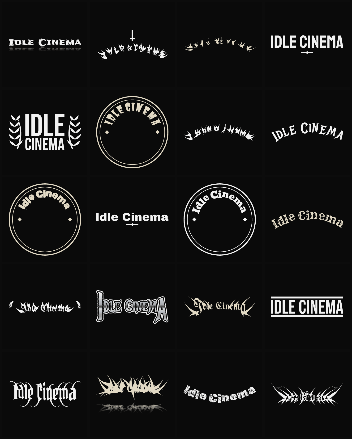 Twenty Idle Cinema band logo ideas — different faces, treatments and spike settings