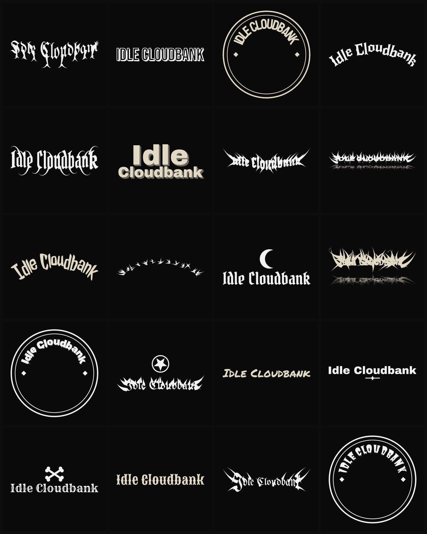 Twenty Idle Cloudbank band logo ideas — different faces, treatments and spike settings