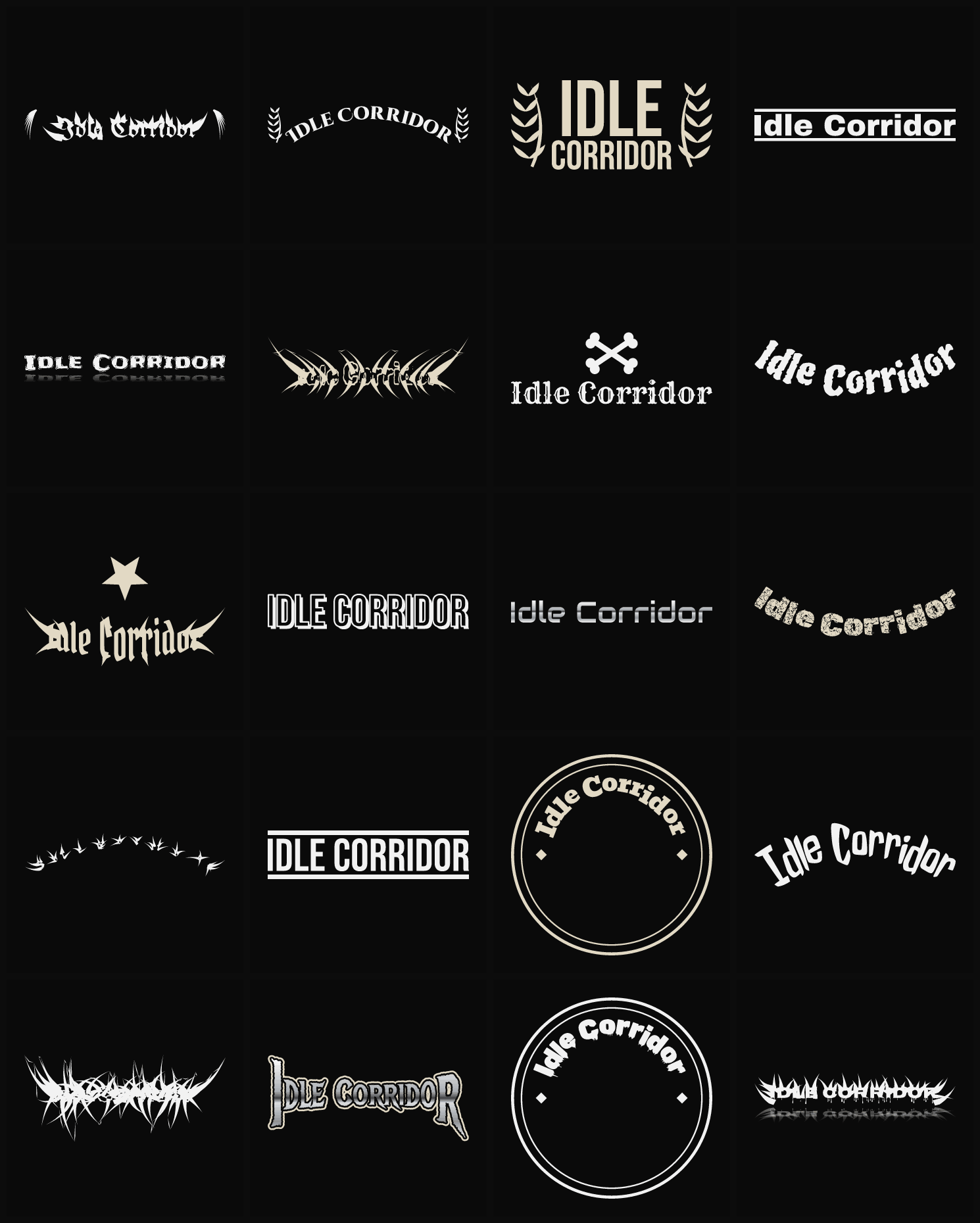 Twenty Idle Corridor band logo ideas — different faces, treatments and spike settings