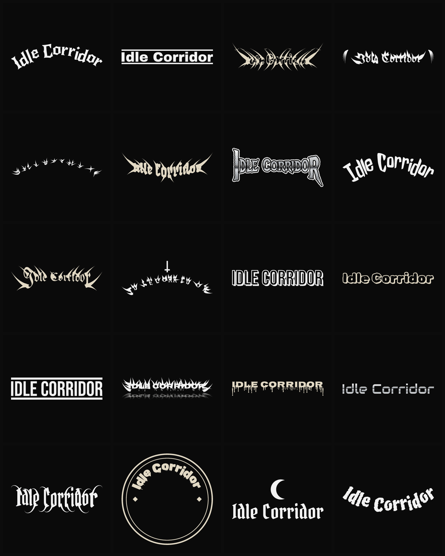 Twenty Idle Corridor band logo ideas — different faces, treatments and spike settings