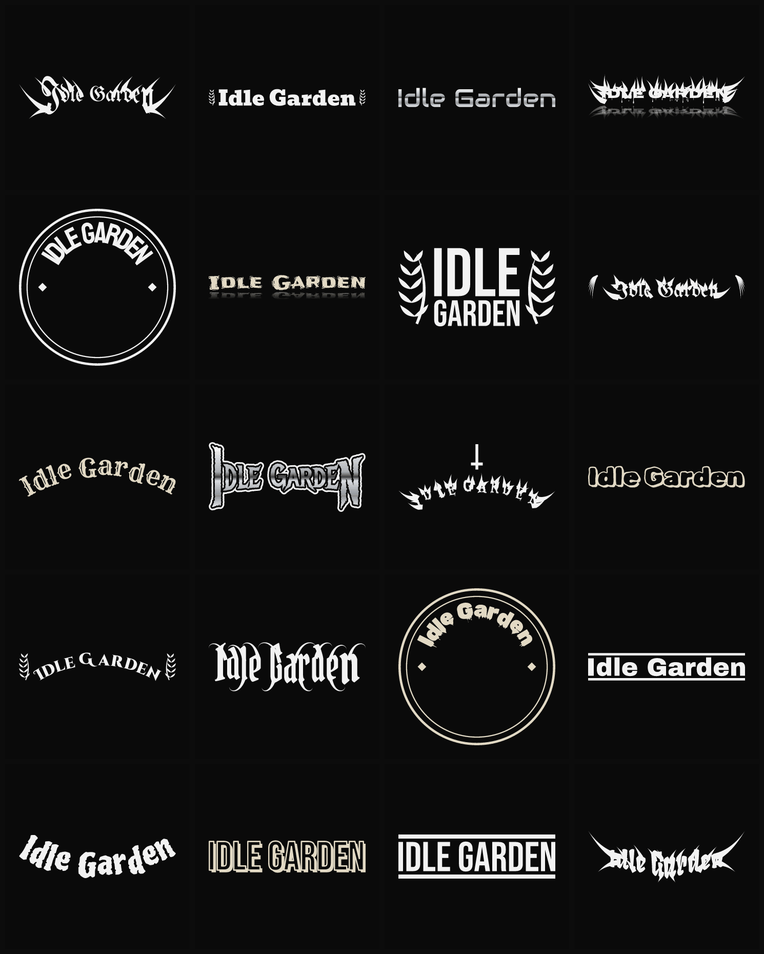 Twenty Idle Garden band logo ideas — different faces, treatments and spike settings