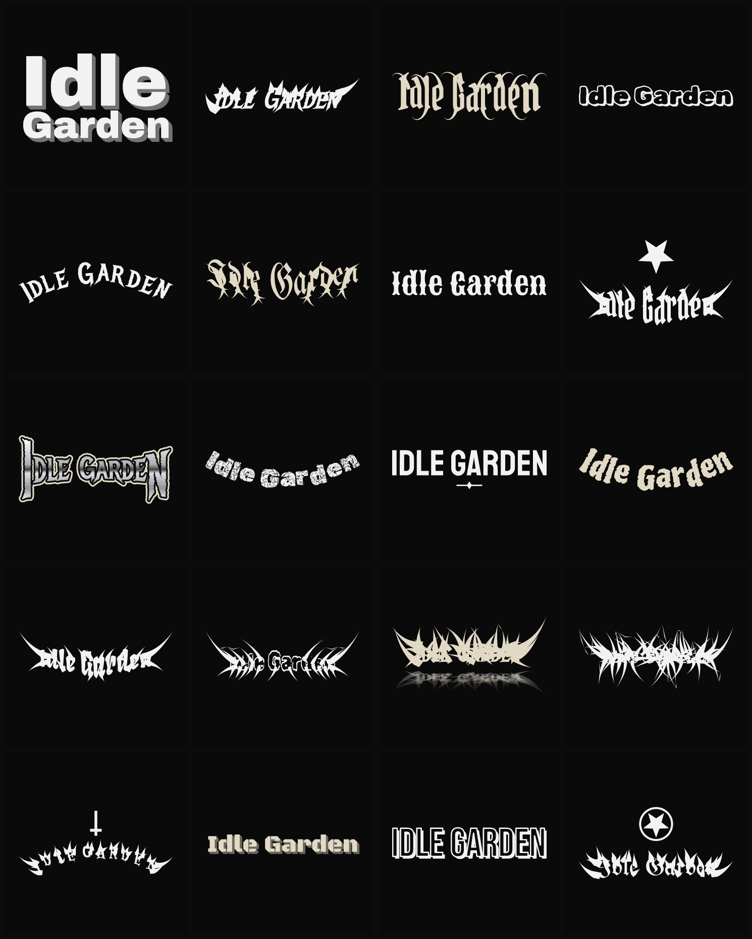 Twenty Idle Garden band logo ideas — different faces, treatments and spike settings