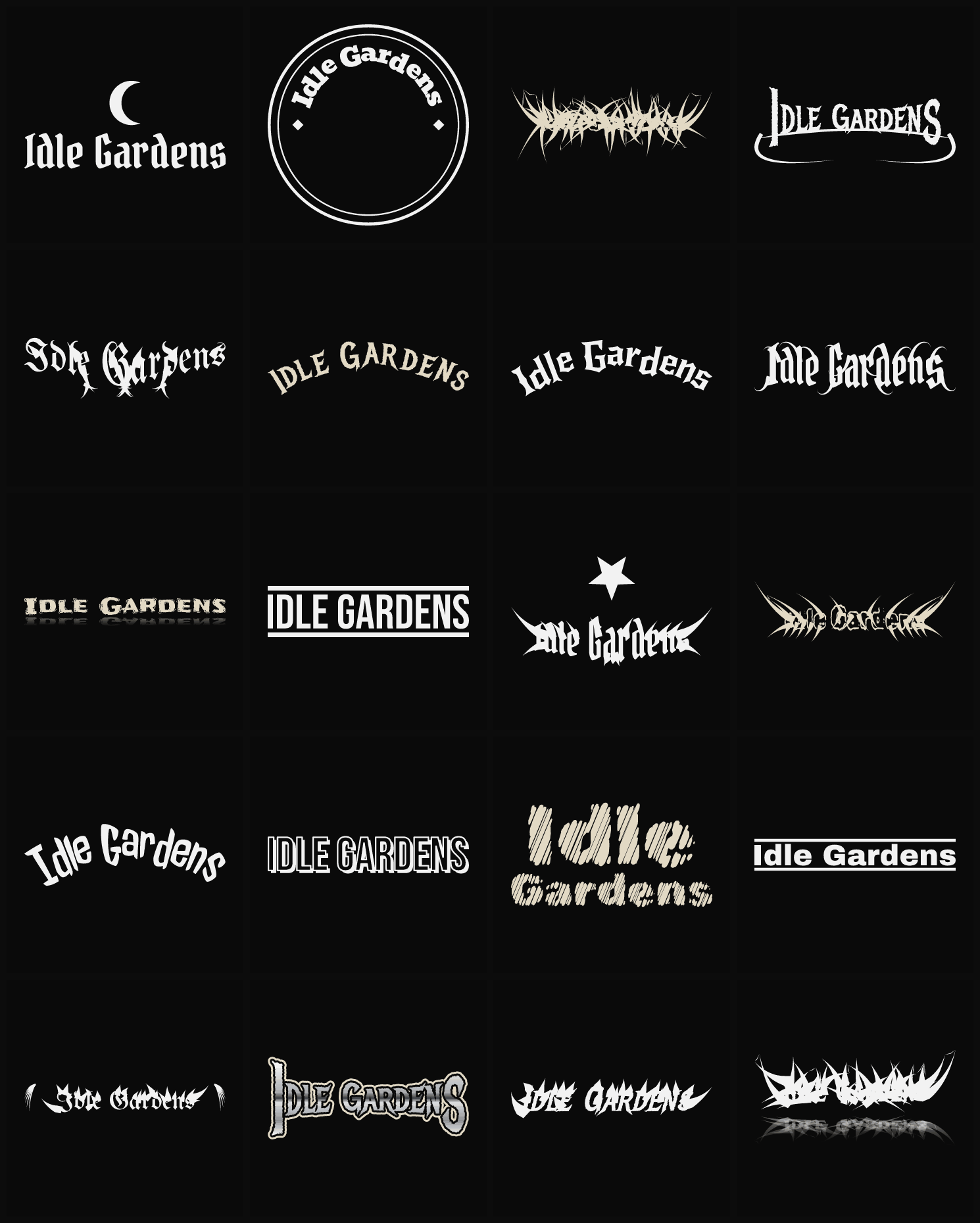 Twenty Idle Gardens band logo ideas — different faces, treatments and spike settings