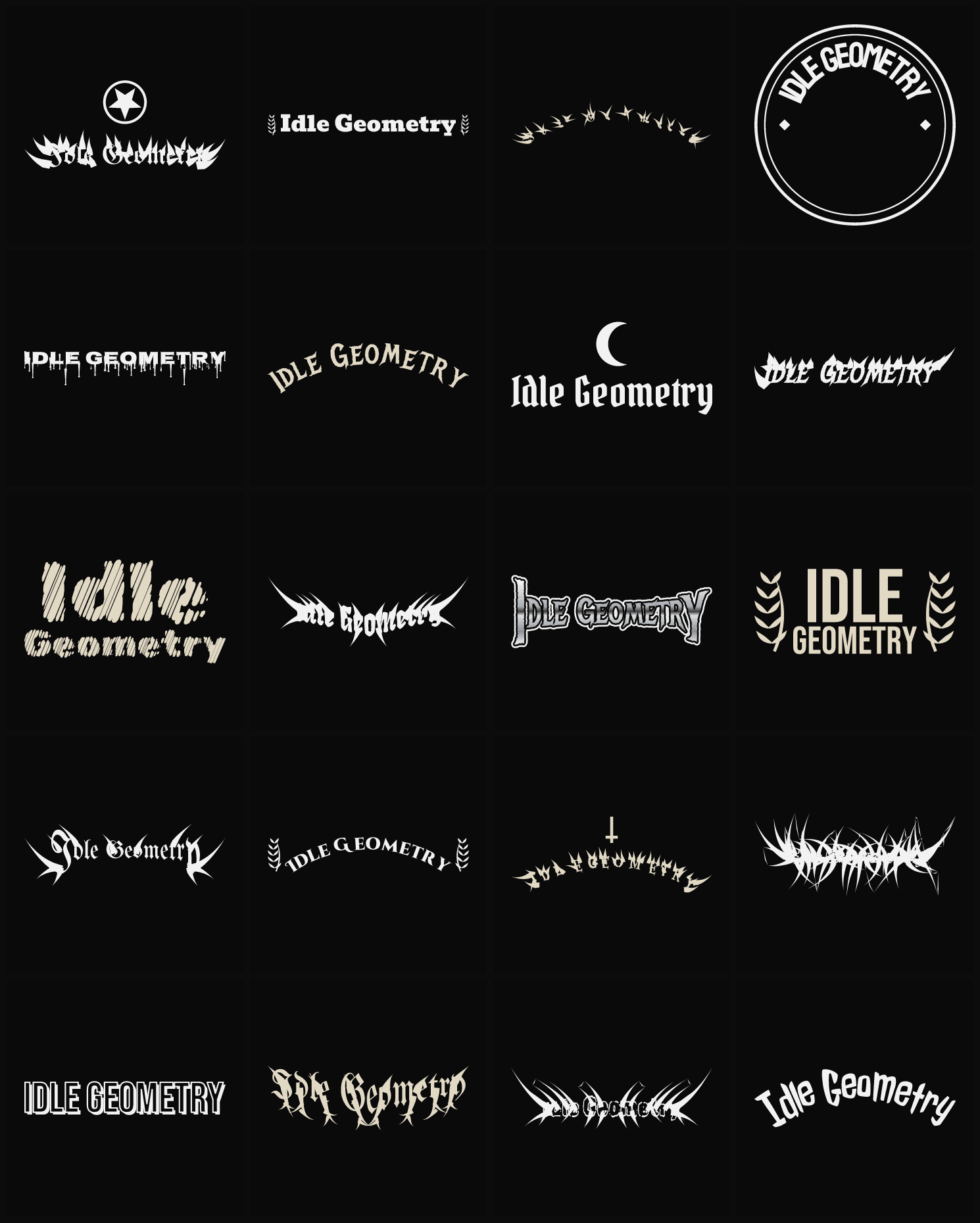 Twenty Idle Geometry band logo ideas — different faces, treatments and spike settings