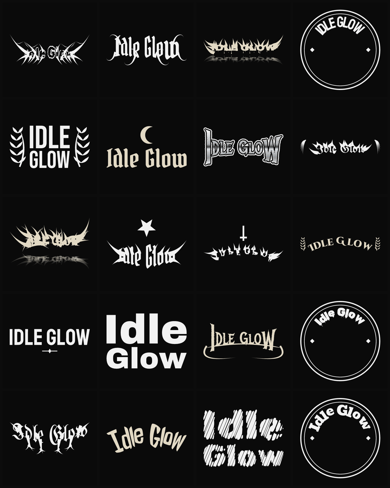 Twenty Idle Glow band logo ideas — different faces, treatments and spike settings