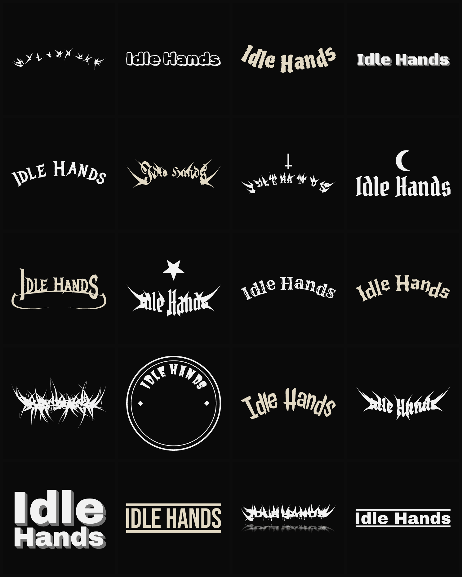 Twenty Idle Hands band logo ideas — different faces, treatments and spike settings