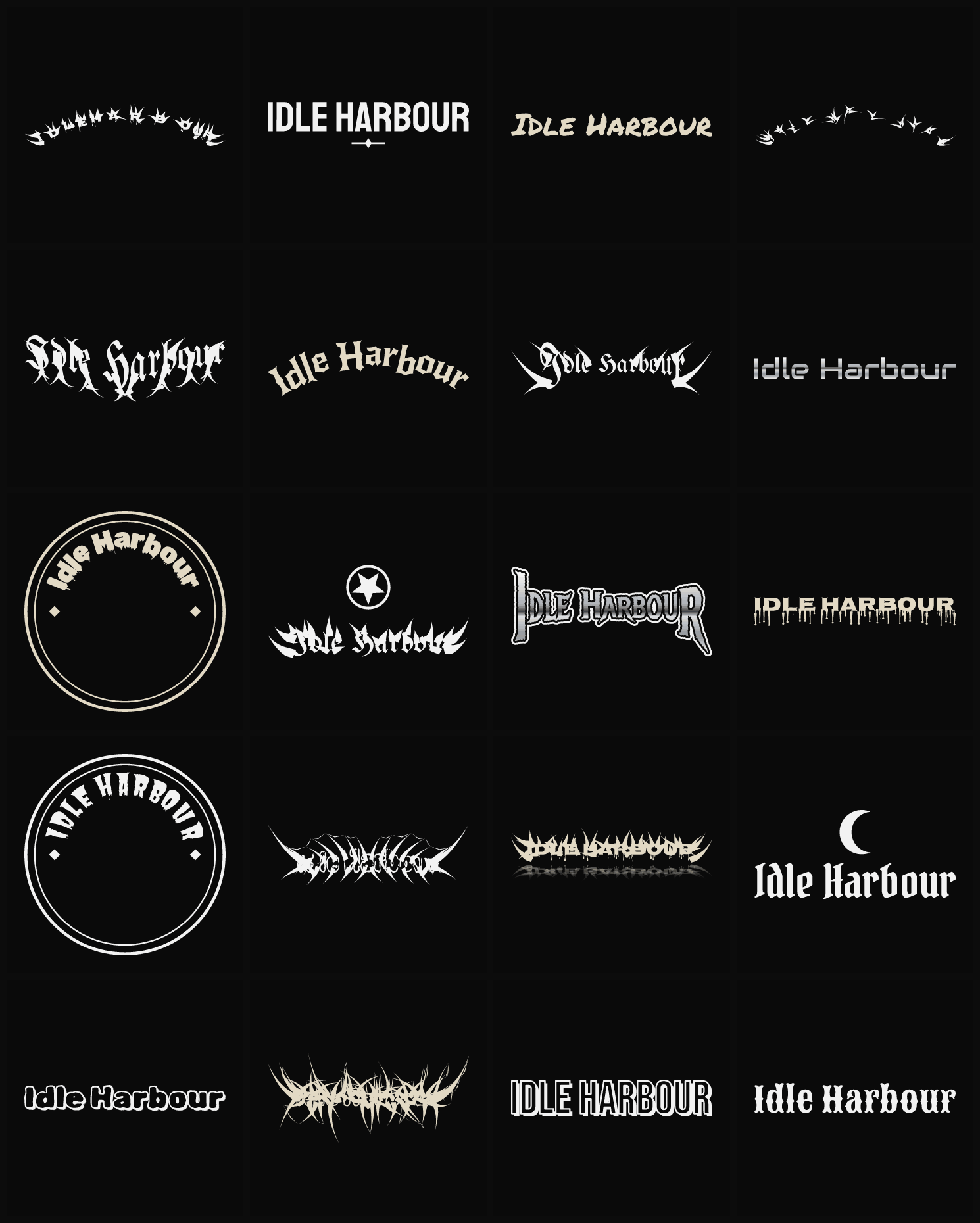 Twenty Idle Harbour band logo ideas — different faces, treatments and spike settings