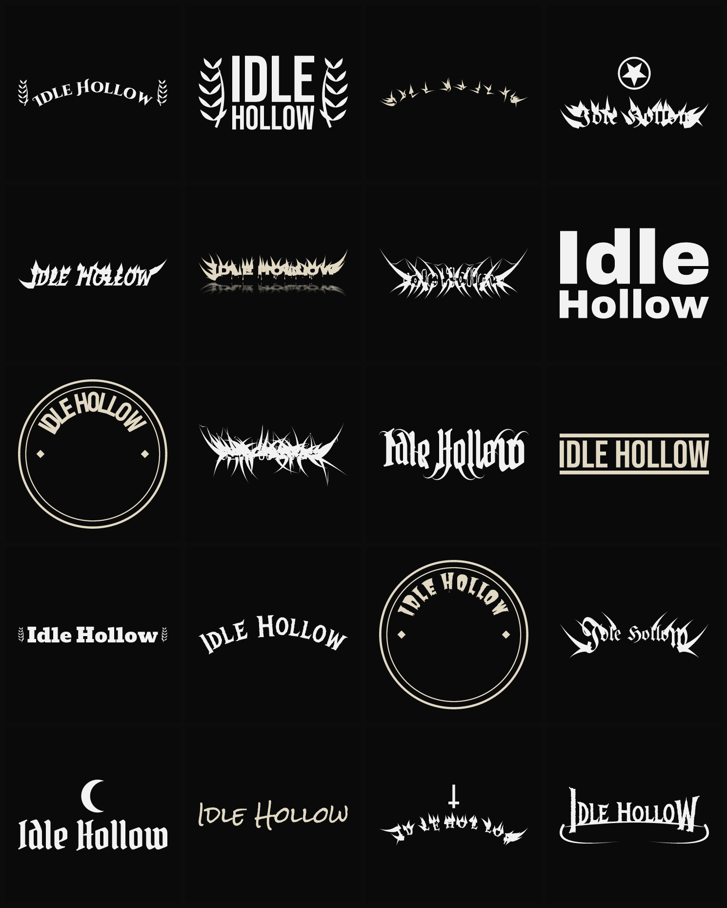 Twenty Idle Hollow band logo ideas — different faces, treatments and spike settings