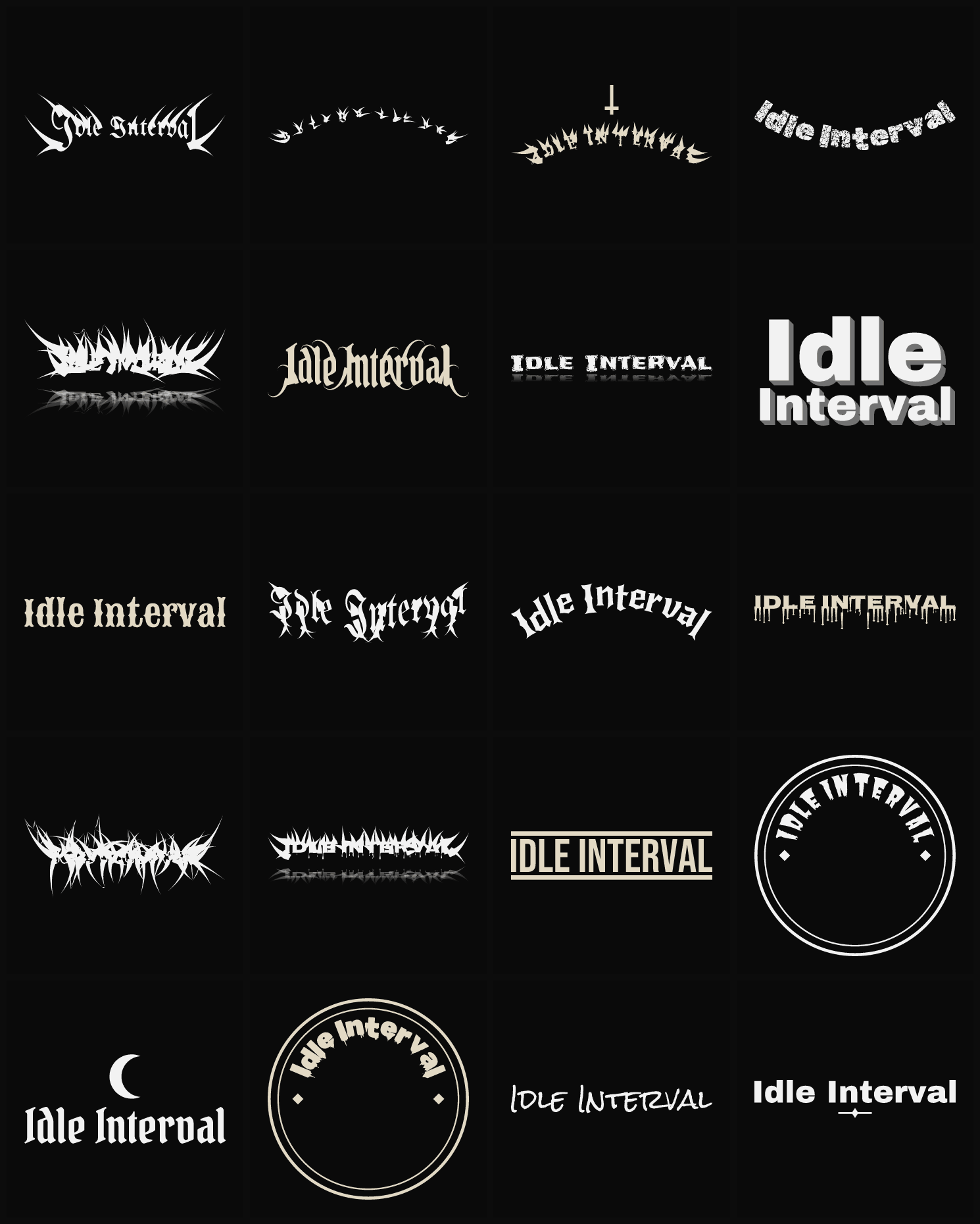 Twenty Idle Interval band logo ideas — different faces, treatments and spike settings