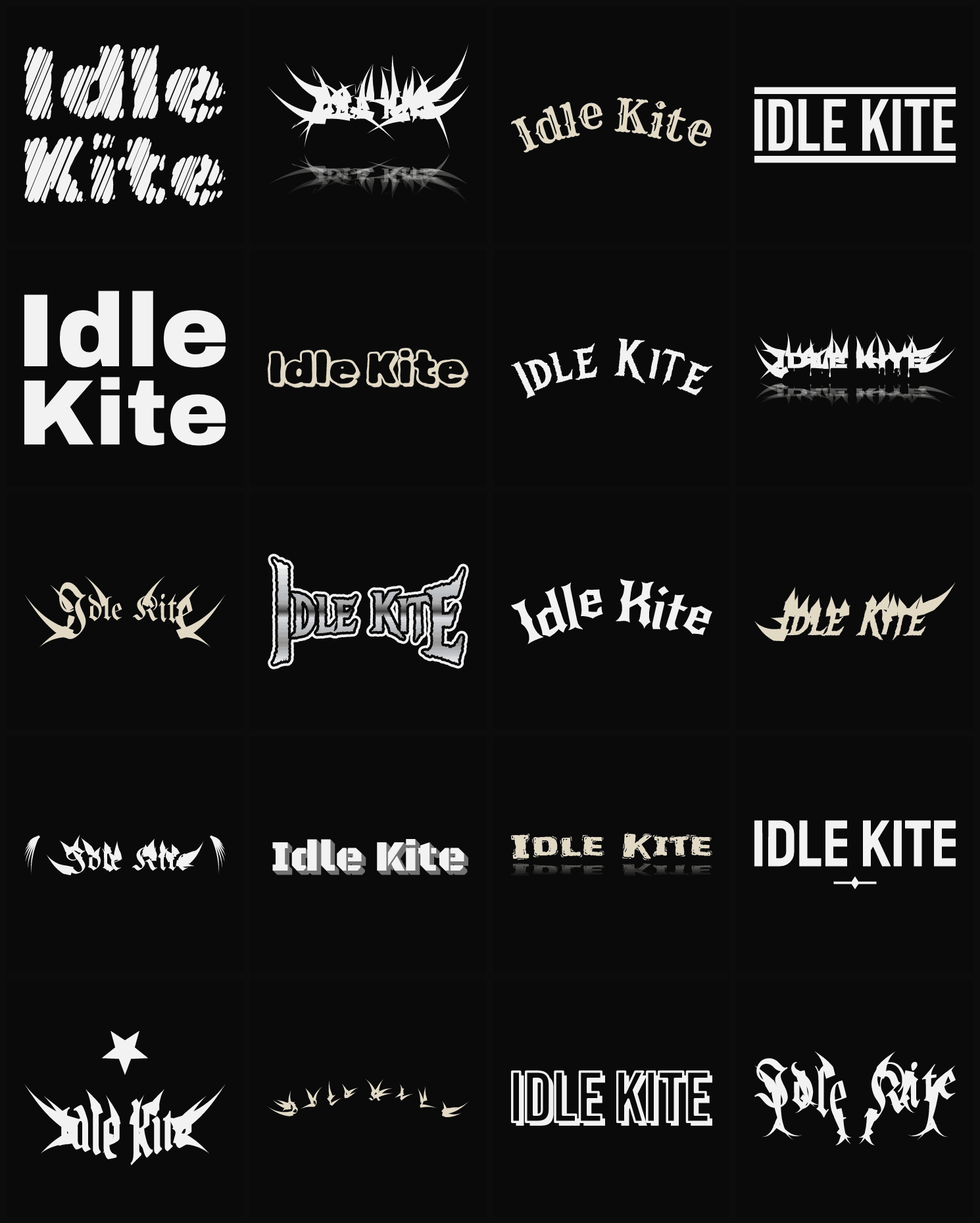Twenty Idle Kite band logo ideas — different faces, treatments and spike settings