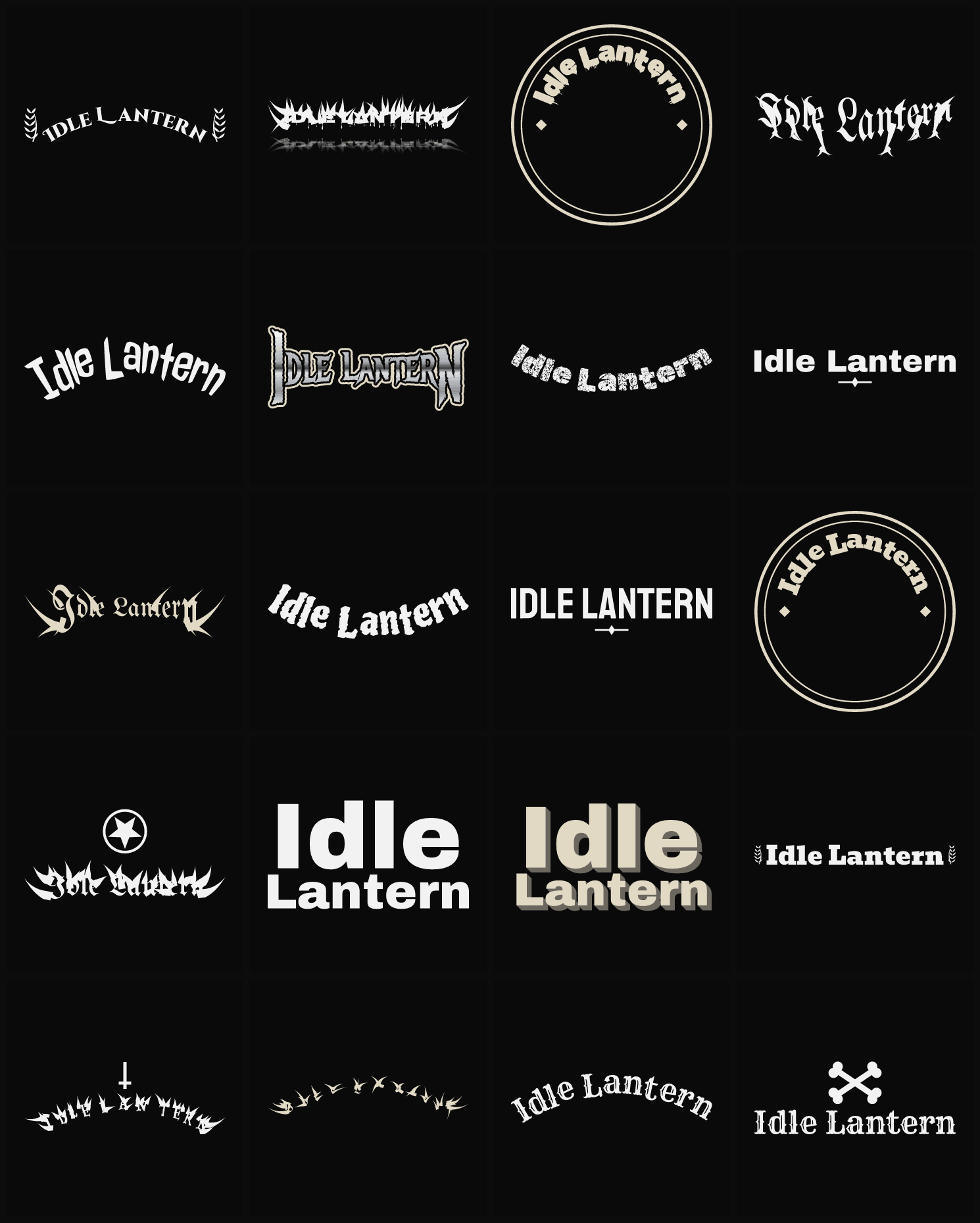 Twenty Idle Lantern band logo ideas — different faces, treatments and spike settings