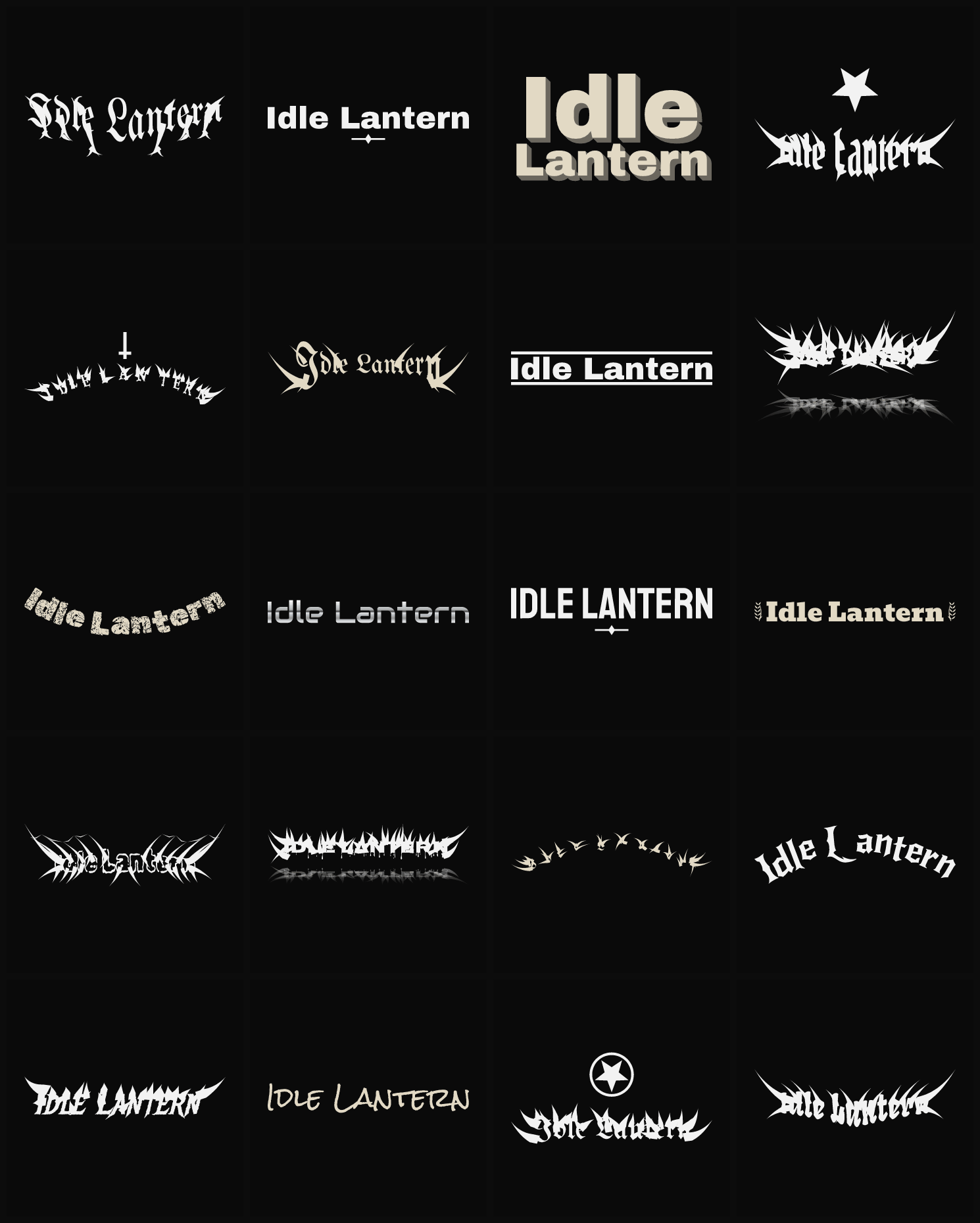 Twenty Idle Lantern band logo ideas — different faces, treatments and spike settings