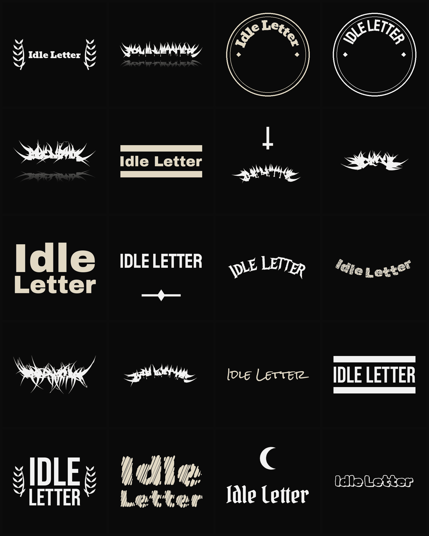 Twenty Idle Letter band logo ideas — different faces, treatments and spike settings