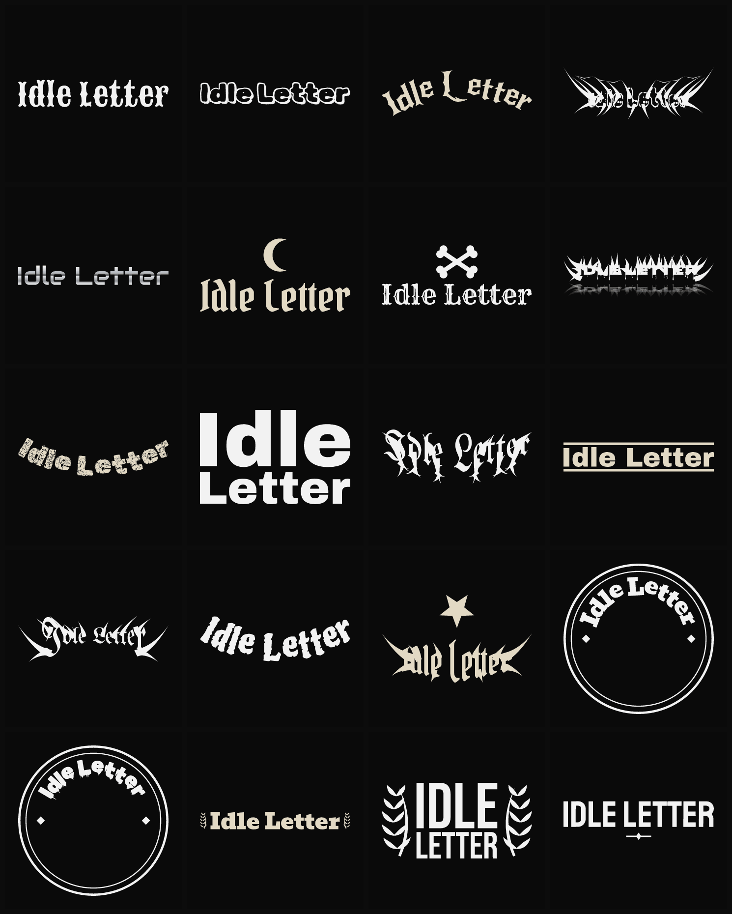 Twenty Idle Letter band logo ideas — different faces, treatments and spike settings