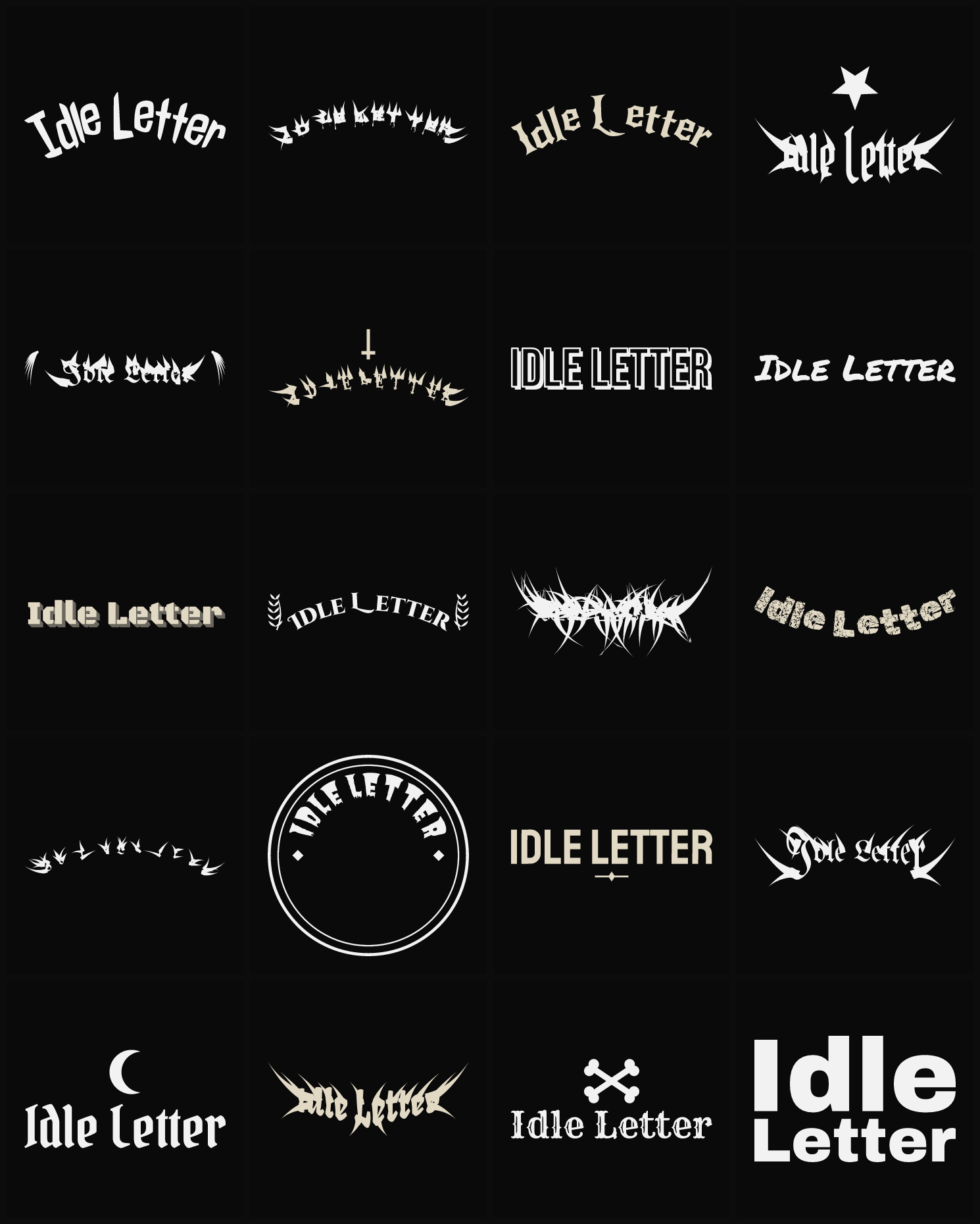 Twenty Idle Letter band logo ideas — different faces, treatments and spike settings