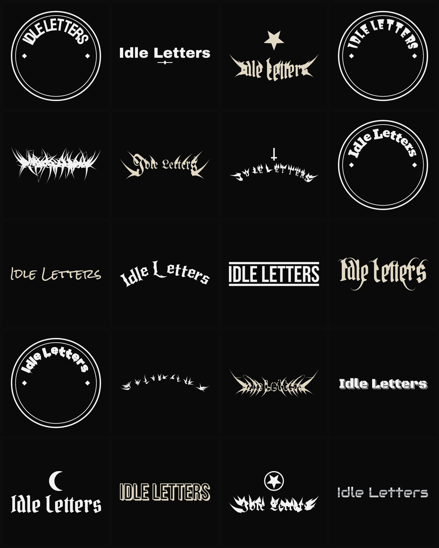 Twenty Idle Letters band logo ideas — different faces, treatments and spike settings