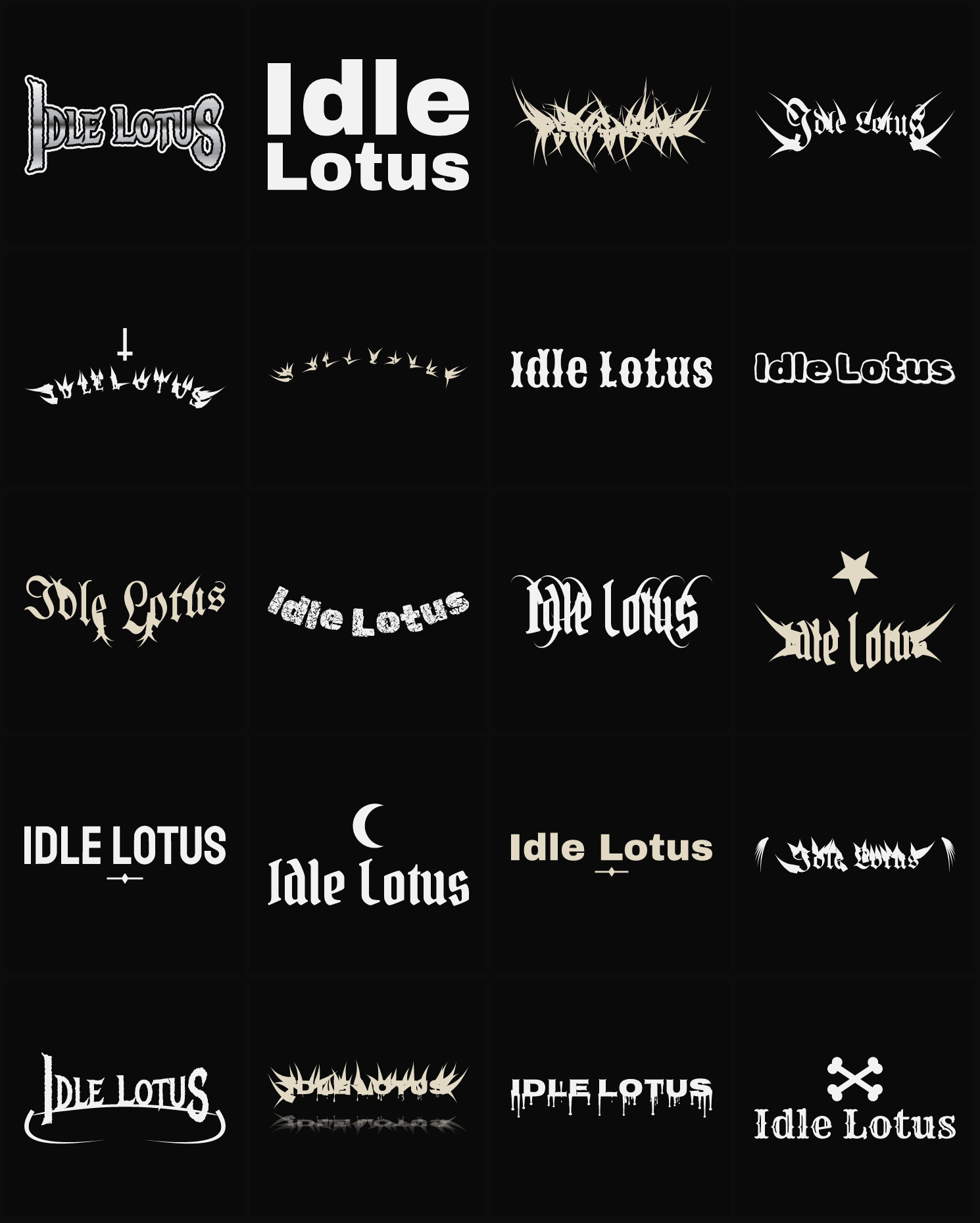 Twenty Idle Lotus band logo ideas — different faces, treatments and spike settings